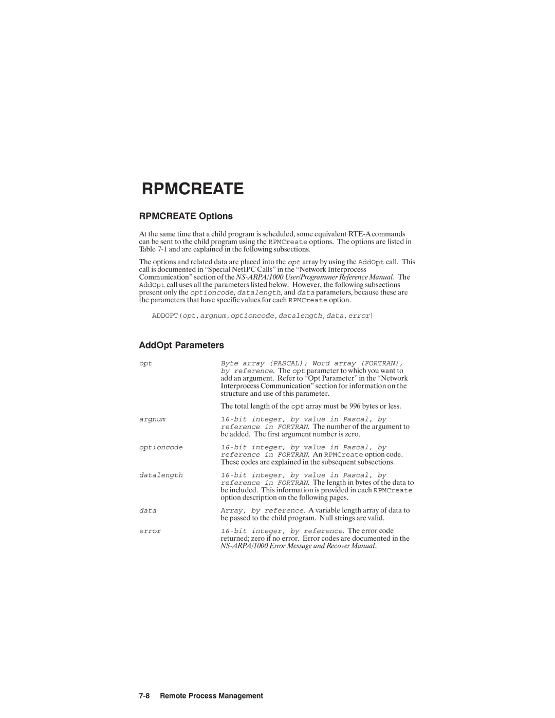 HP NSARPA/1000 manual ADDOPTopt,argnum,optioncode,datalength,data,error Opt 