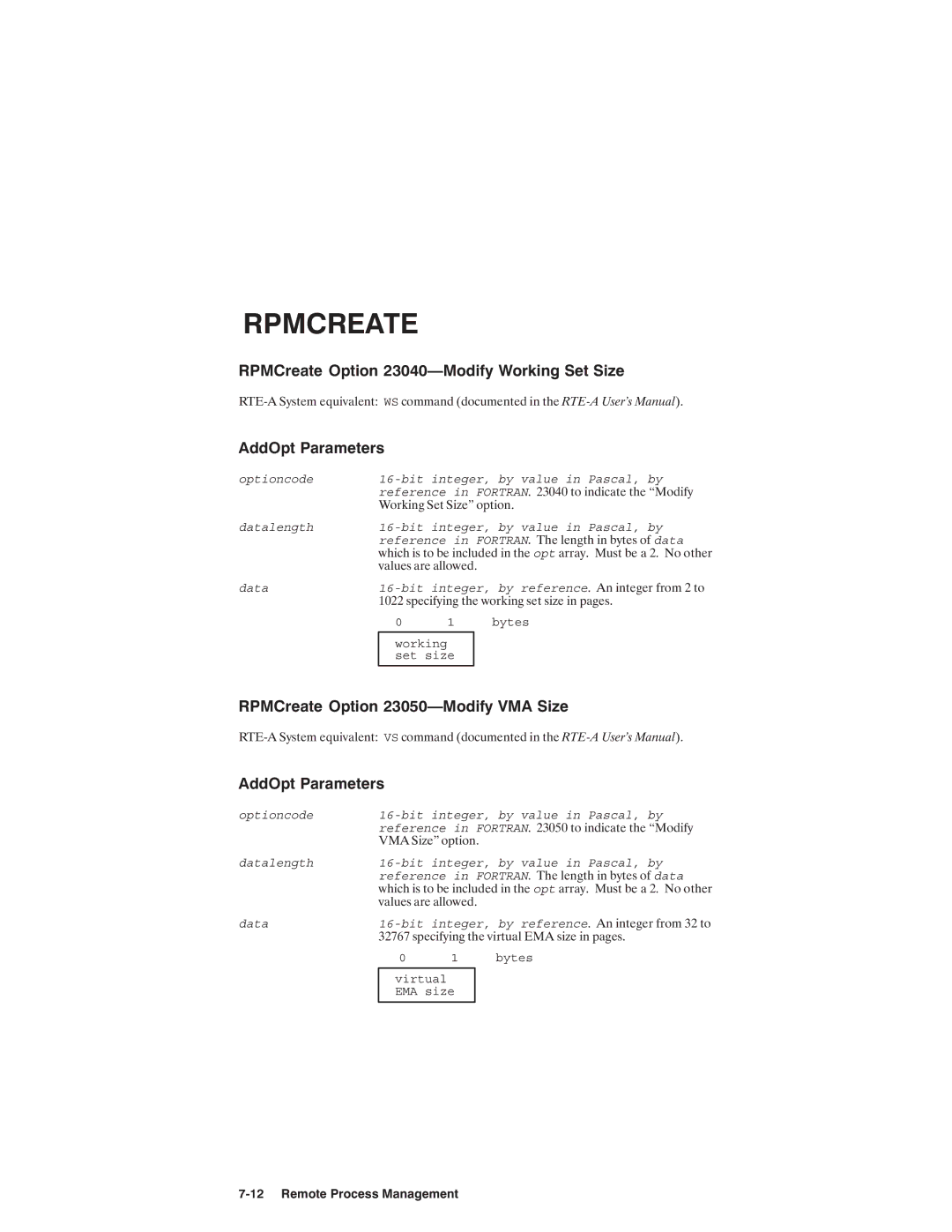 HP NSARPA/1000 manual Opt Data Bit integer, by reference Bytes, Set size Optioncode, EMA size 