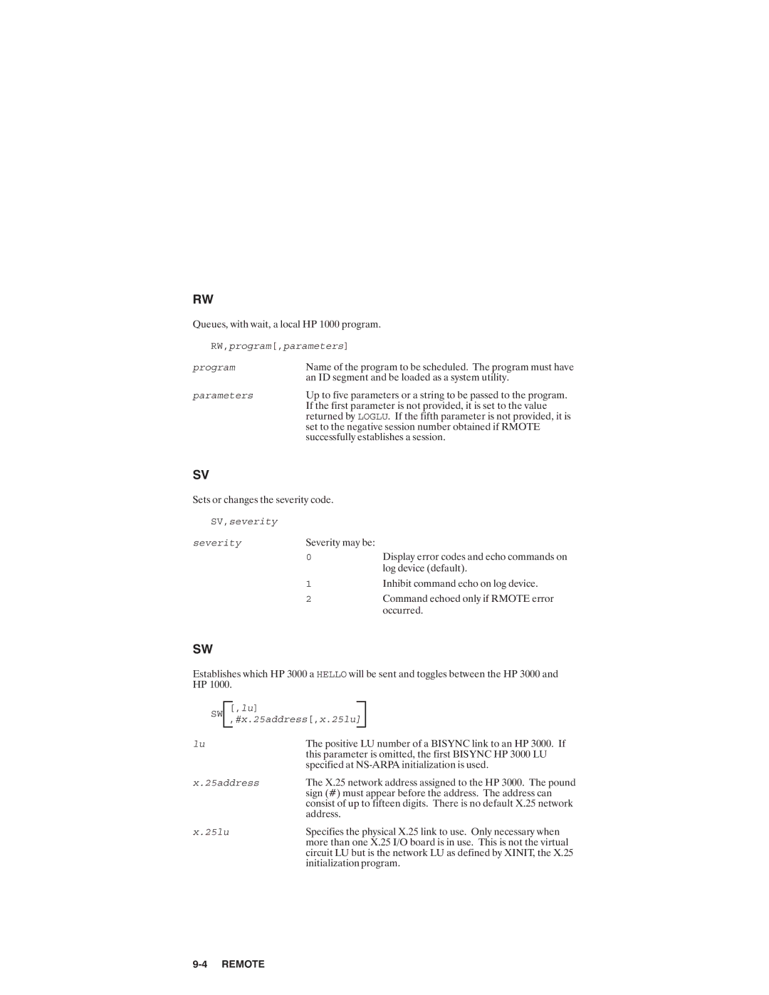 HP NSARPA/1000 manual RW,program,parameters Program Parameters, SV,severity Severity, SW ,#x.25address,x.25lu 