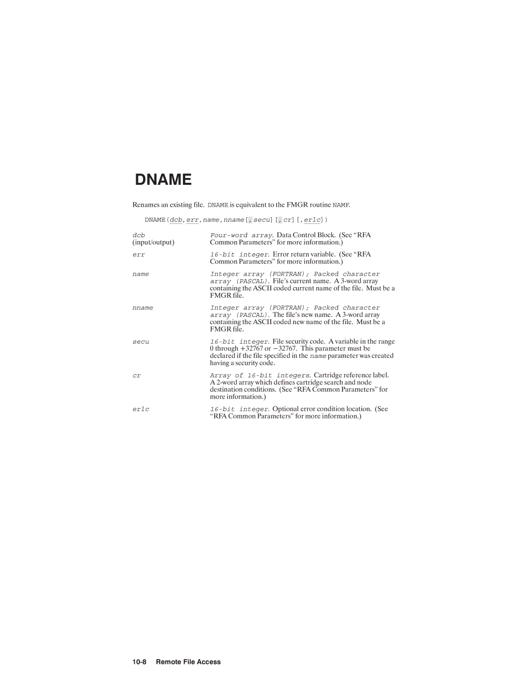 HP NSARPA/1000 manual Cr,erlc Dcb Four-word array Err Bit integer Name, Array Pascal Nname 