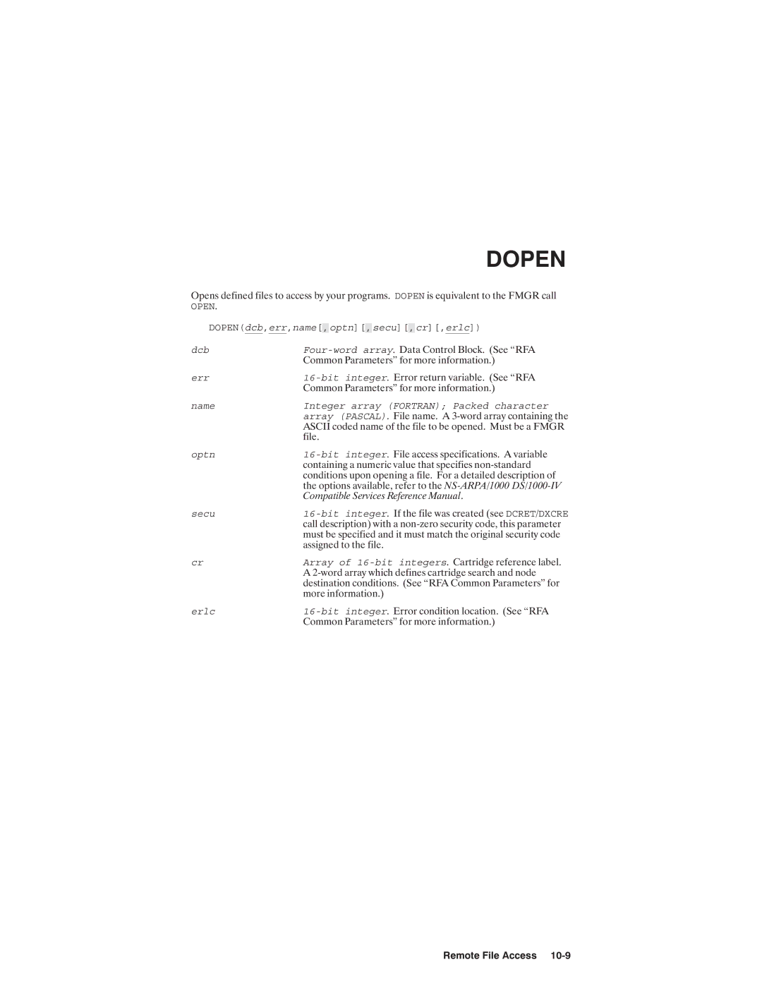 HP NSARPA/1000 manual Array Pascal Optn Bit integer Secu, Array of 16-bit integers Erlc Bit integer 