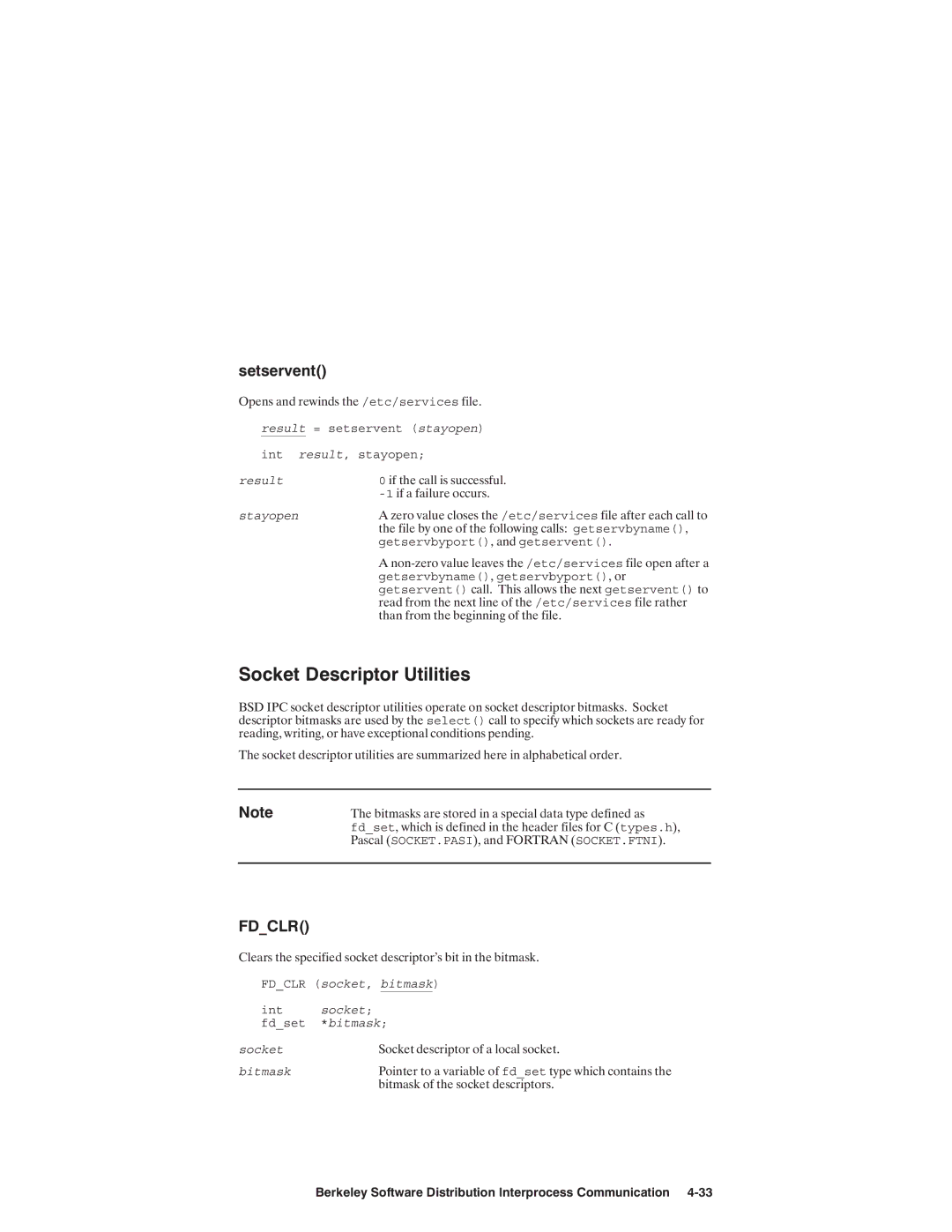 HP NSARPA/1000 manual Result = setservent stayopen, Result Stayopen Etc/services, Fdclr socket, bitmask, Socket Bitmask 