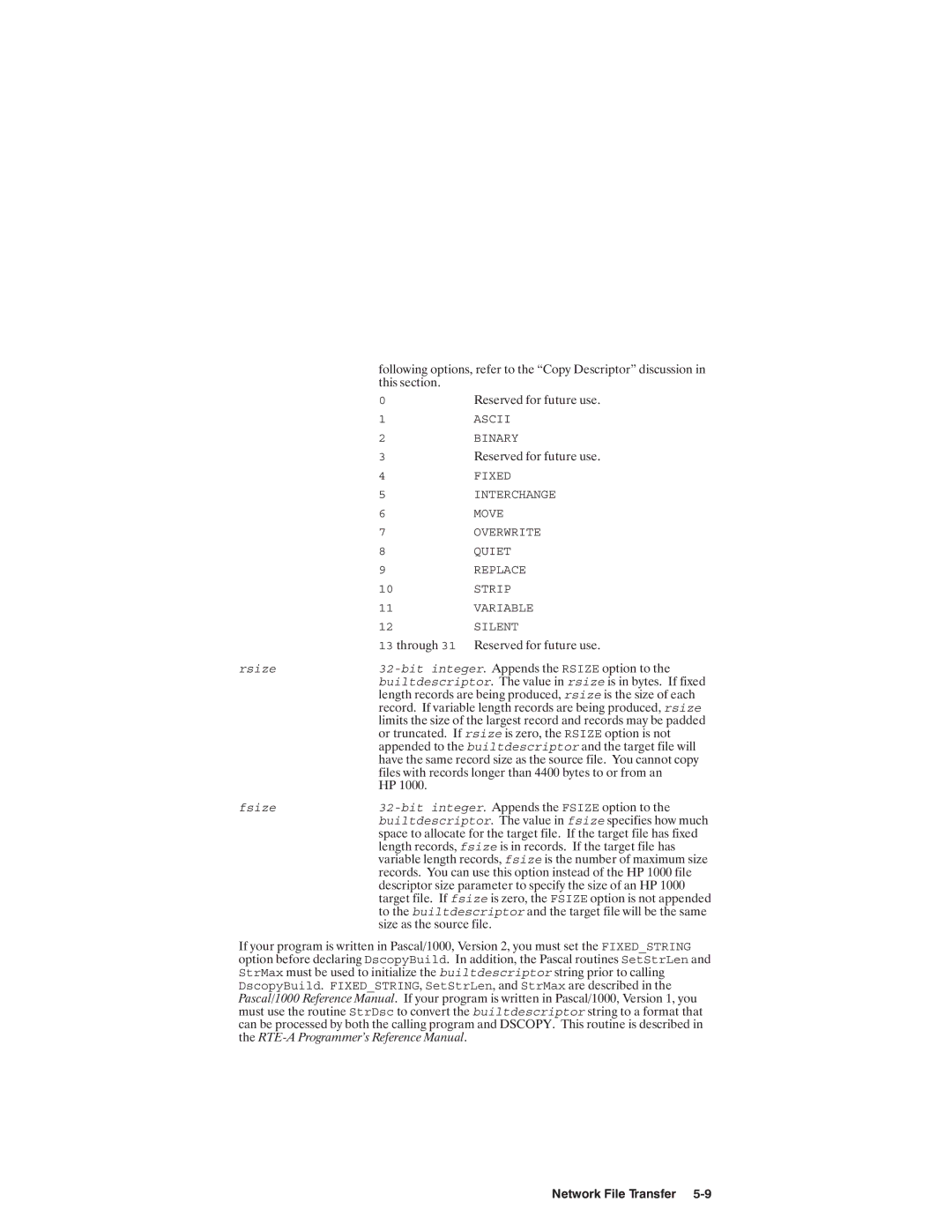 HP NSARPA/1000 manual Rsize Bit integer, Fsize Bit integer, DscopyBuild SetStrLen StrMax, StrDsc 