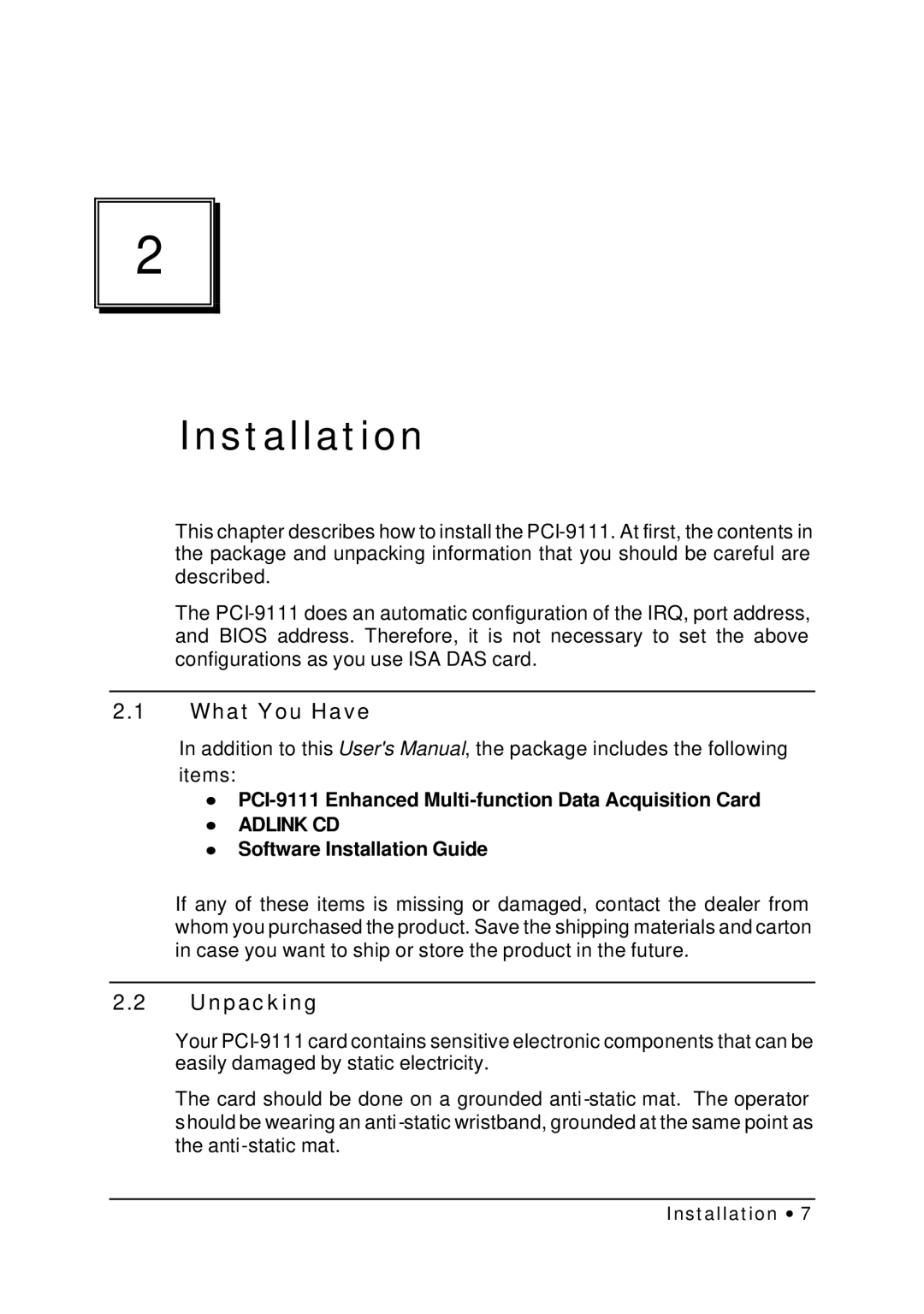 HP NuDAQ I-9111DG/HR Installation, What You Have, Unpacking, ∙ PCI-9111 Enhanced Multi-function Data Acquisition Card 