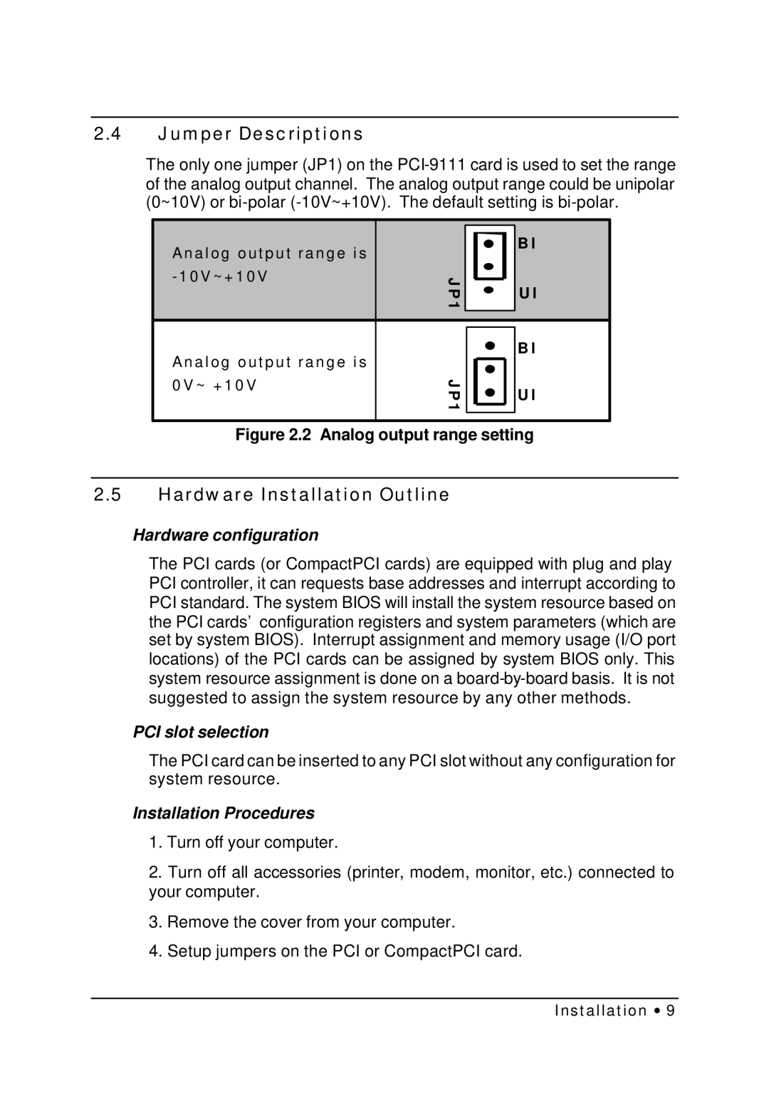 HP NuDAQ I-9111DG/HR manual Jumper Descriptions, Hardware Installation Outline 