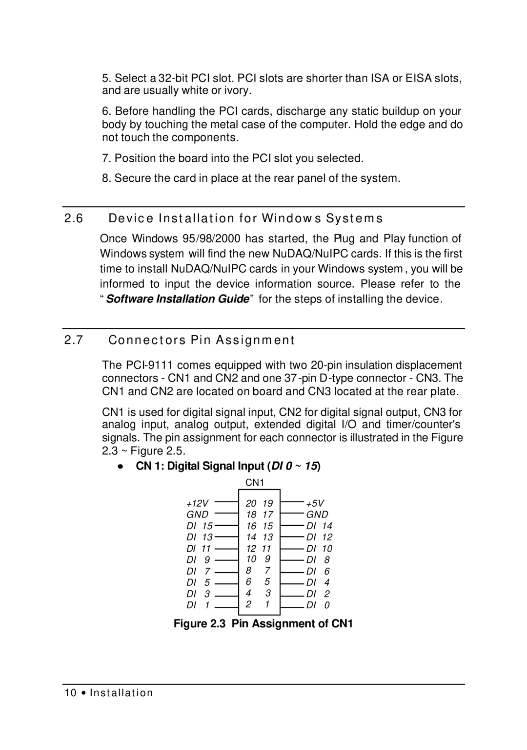 HP NuDAQ I-9111DG/HR manual Device Installation for Windows Systems, Connectors Pin Assignment 