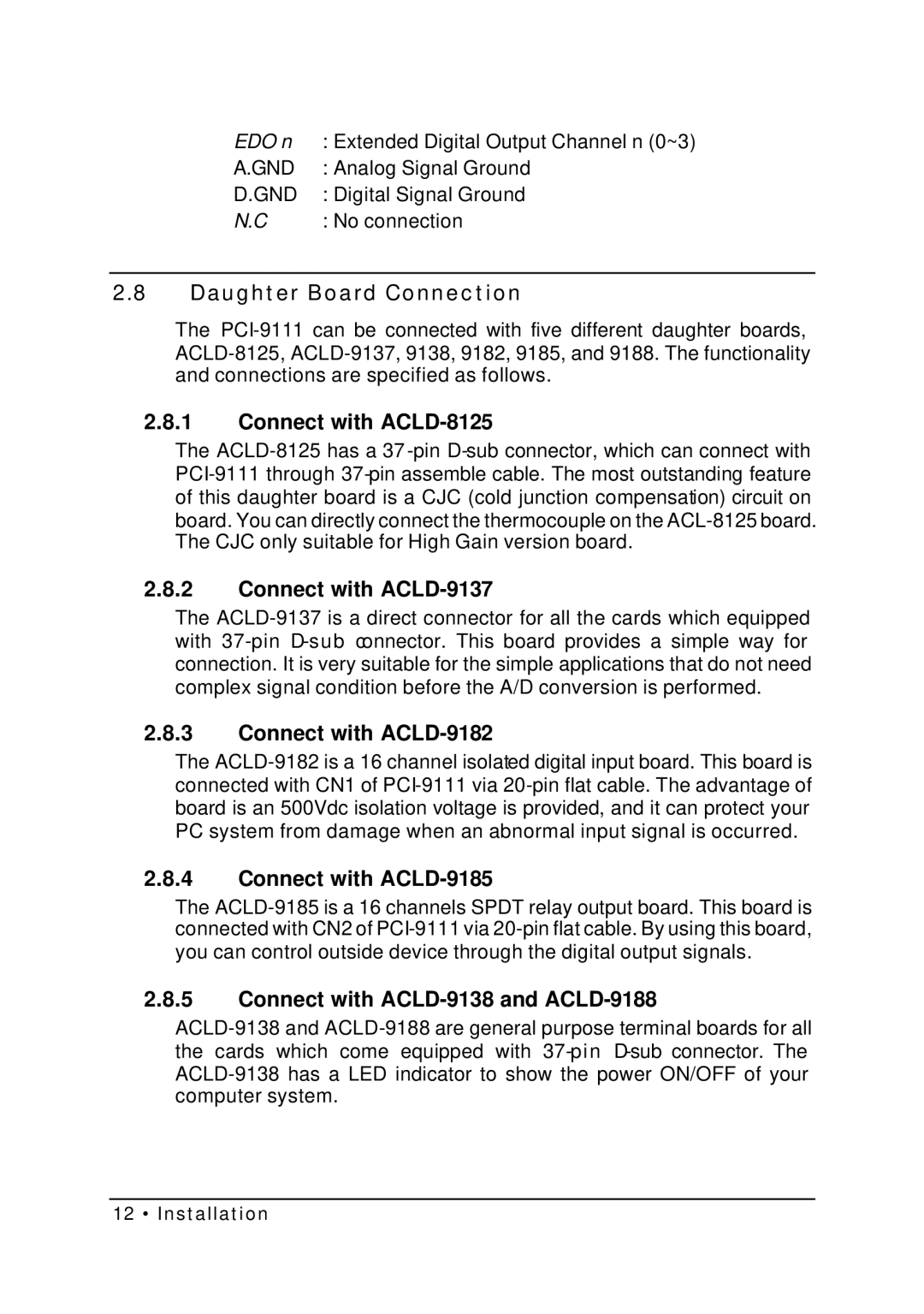 HP NuDAQ I-9111DG/HR Daughter Board Connection, Connect with ACLD-8125, Connect with ACLD-9137, Connect with ACLD-9182 