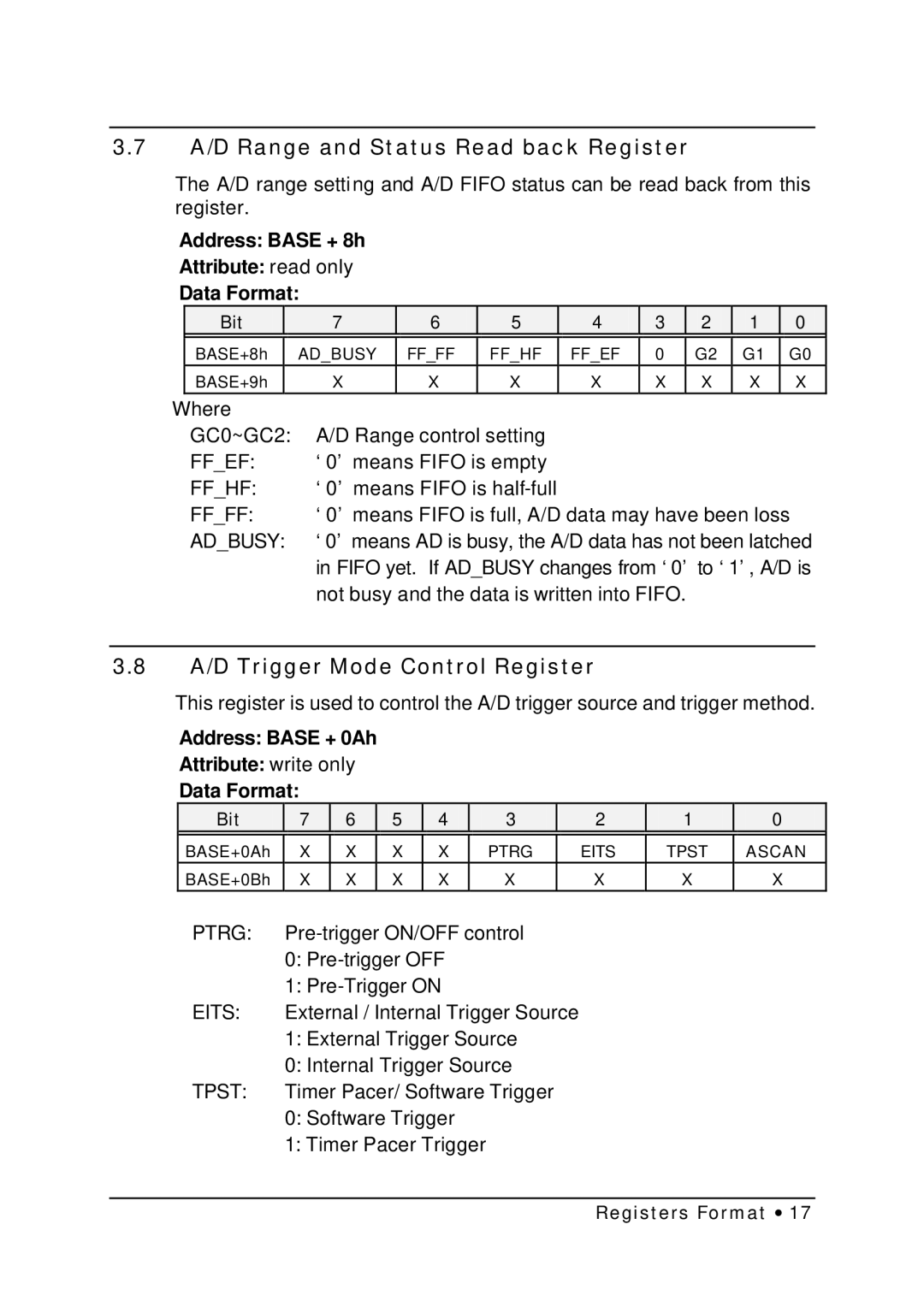 HP NuDAQ I-9111DG/HR manual A/D Range and Status Read back Register, A/D Trigger Mode Control Register 