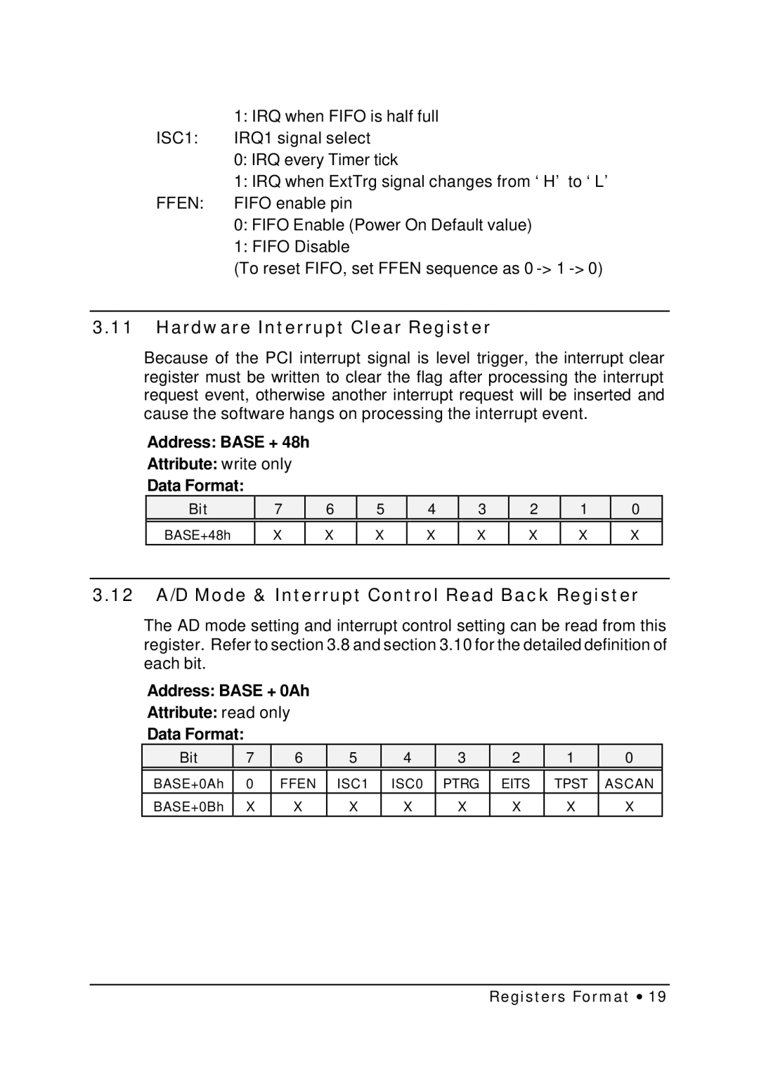 HP NuDAQ I-9111DG/HR manual Hardware Interrupt Clear Register, 12 A/D Mode & Interrupt Control Read Back Register 