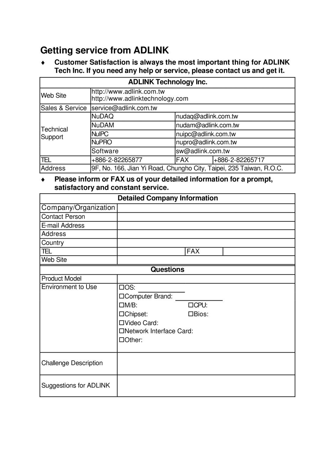 HP NuDAQ I-9111DG/HR manual Getting service from Adlink, Questions 