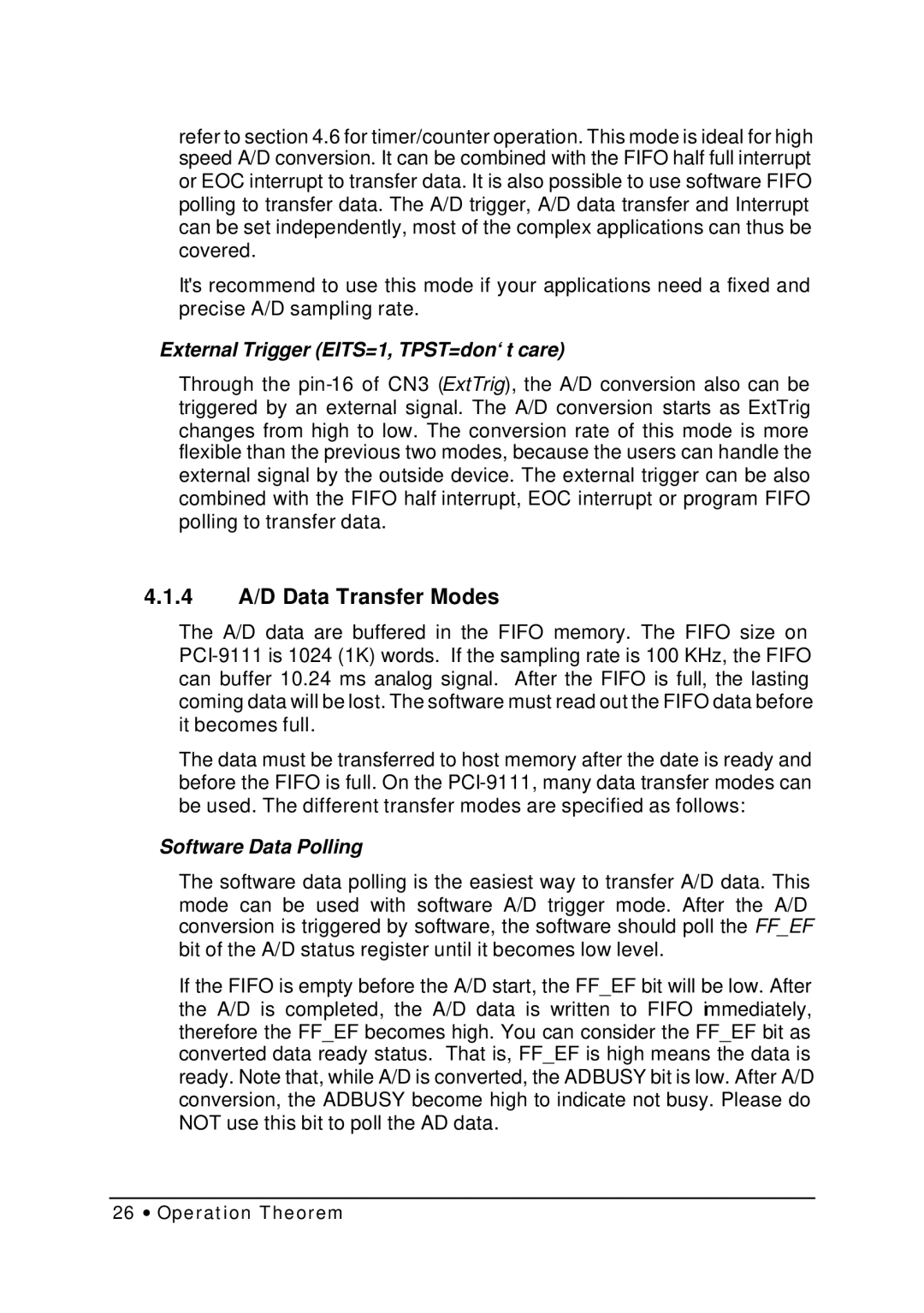 HP NuDAQ I-9111DG/HR manual 4 A/D Data Transfer Modes, External Trigger EITS=1, TPST=don‘t care 