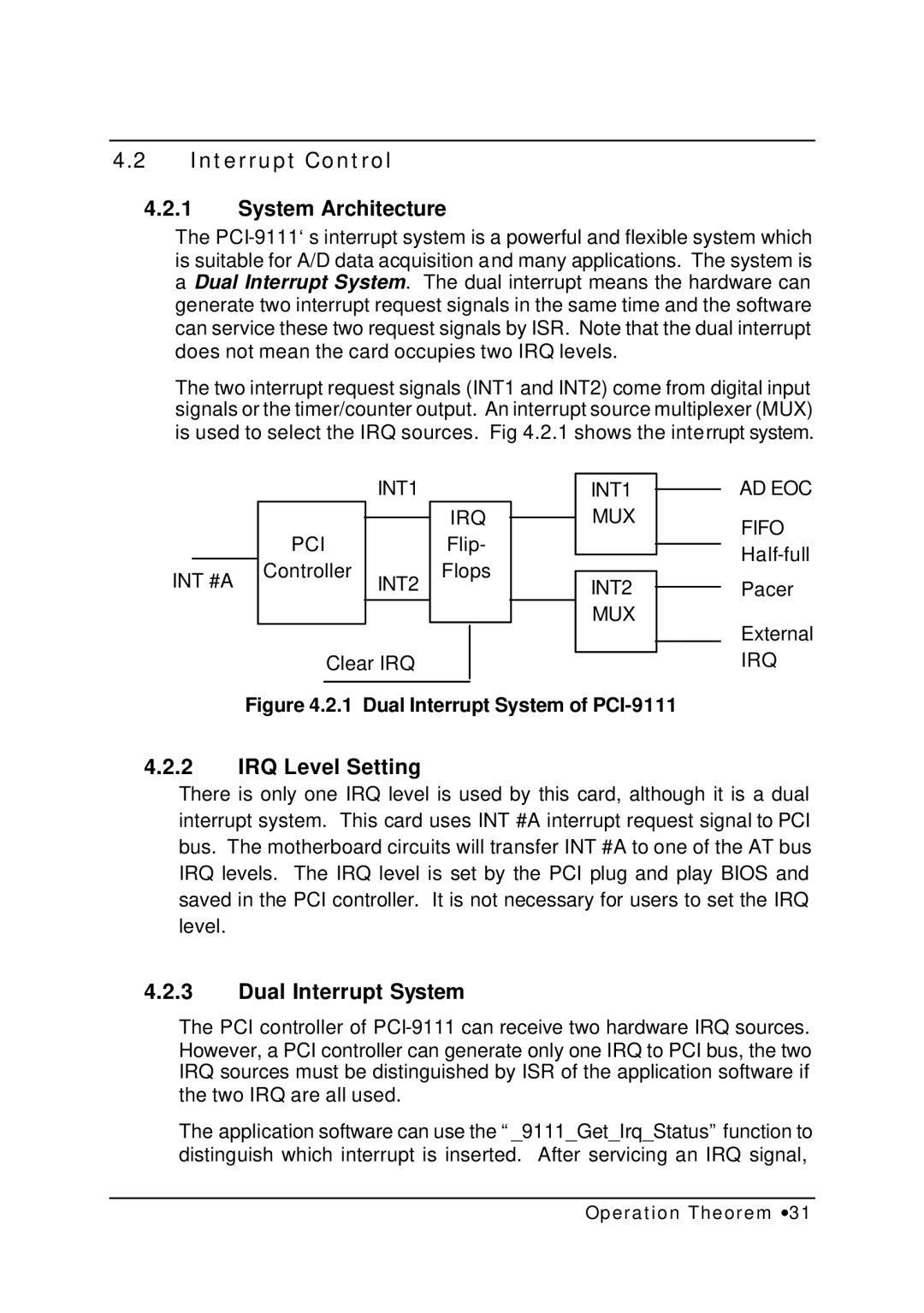 HP NuDAQ I-9111DG/HR manual Interrupt Control System Architecture, IRQ Level Setting, Dual Interrupt System 