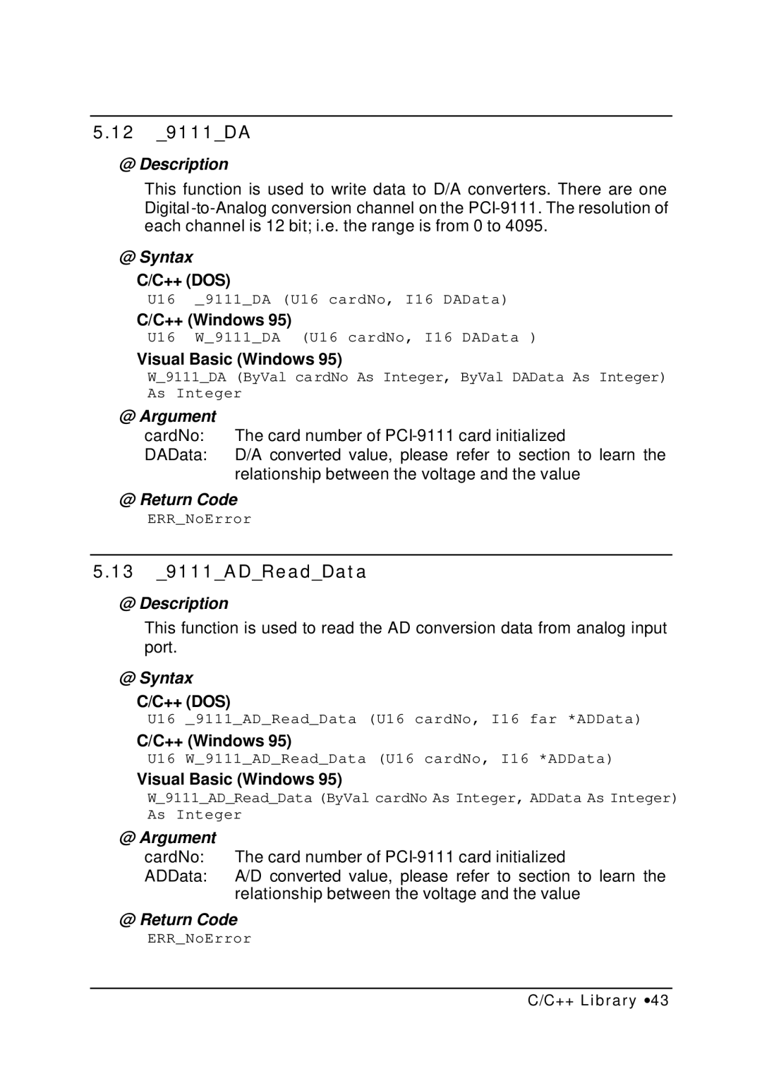 HP NuDAQ I-9111DG/HR manual 12 9111DA, 13 9111ADReadData 