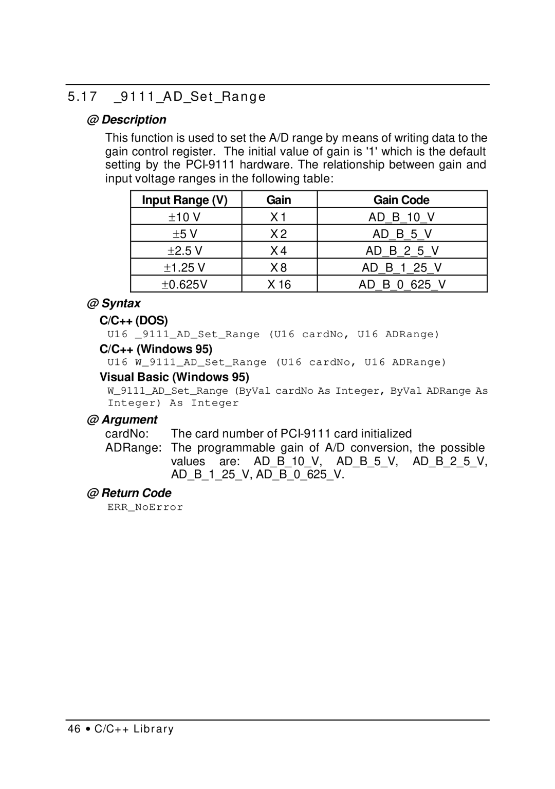 HP NuDAQ I-9111DG/HR manual 17 9111ADSetRange, Input Range Gain Gain Code 