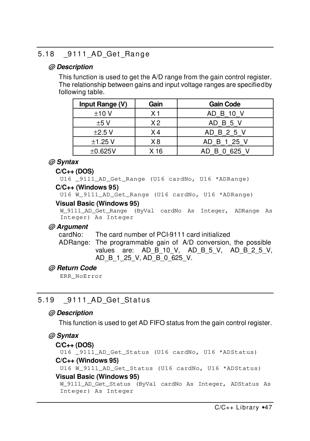 HP NuDAQ I-9111DG/HR manual 18 9111ADGetRange, 19 9111ADGetStatus 