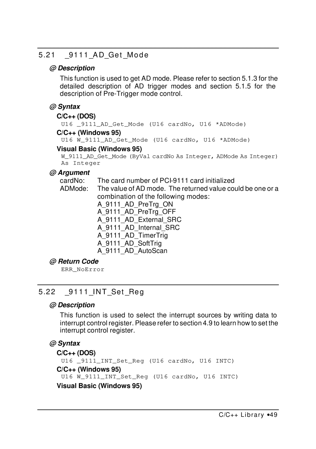 HP NuDAQ I-9111DG/HR manual 21 9111ADGetMode, 22 9111INTSetReg 