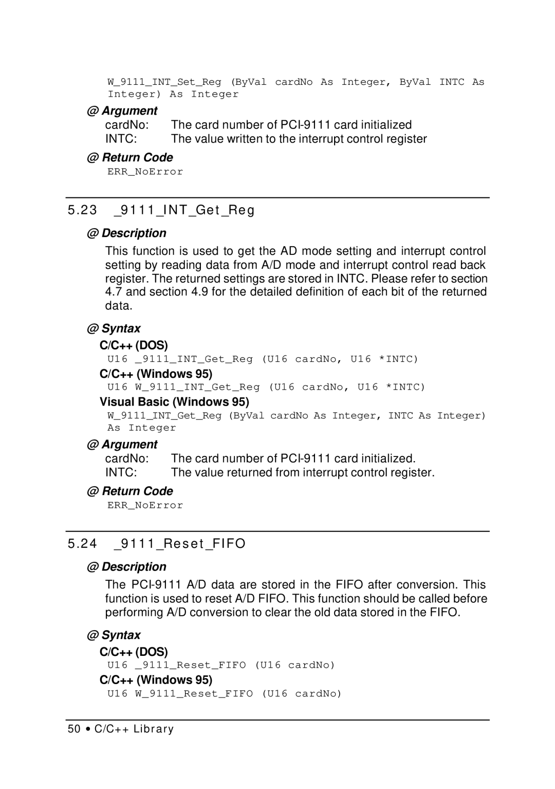 HP NuDAQ I-9111DG/HR manual 23 9111INTGetReg, 24 9111ResetFIFO 