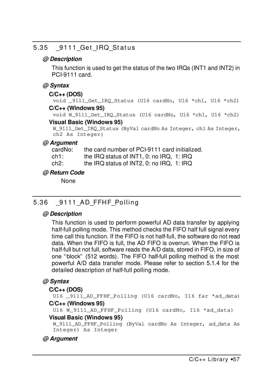 HP NuDAQ I-9111DG/HR manual 35 9111GetIRQStatus, 36 9111ADFFHFPolling 