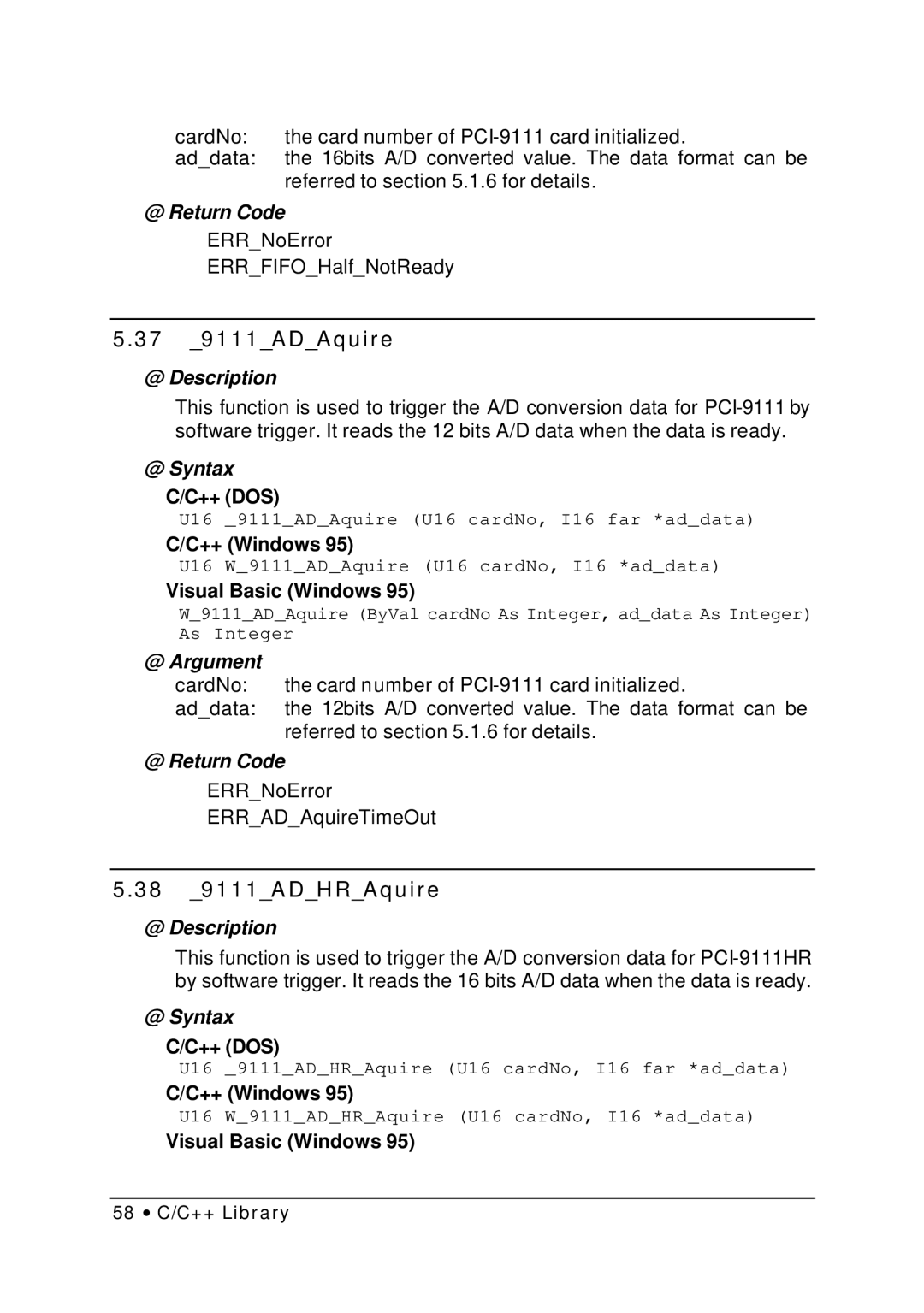 HP NuDAQ I-9111DG/HR manual 37 9111ADAquire, 38 9111ADHRAquire 