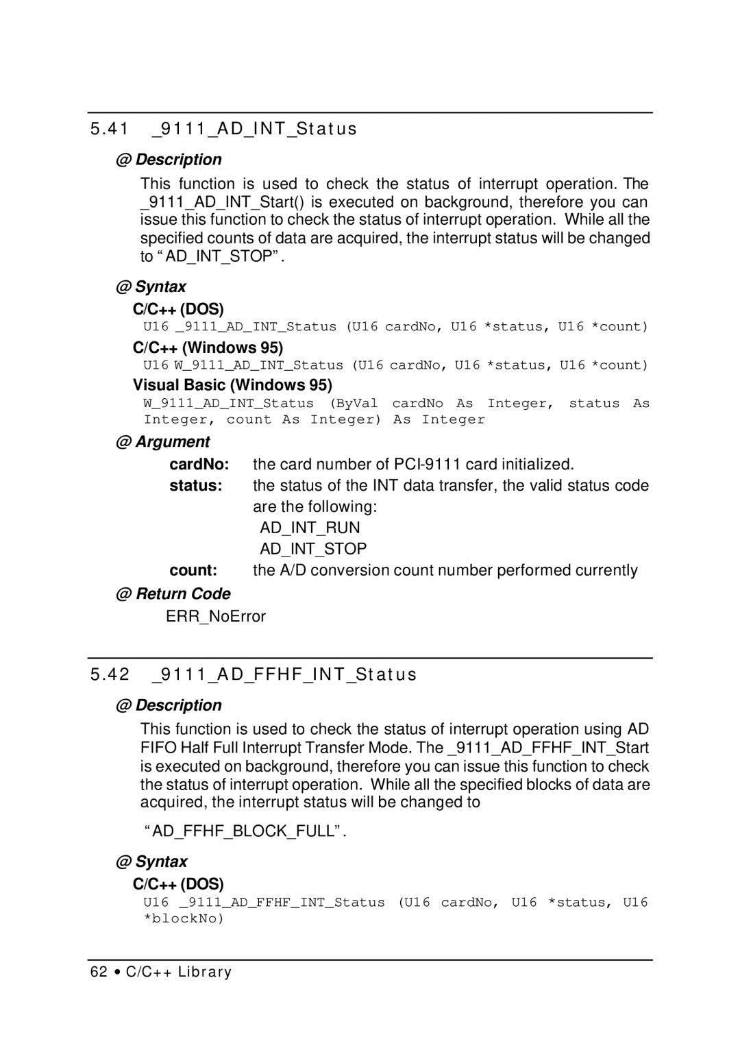 HP NuDAQ I-9111DG/HR manual 41 9111ADINTStatus, 42 9111ADFFHFINTStatus 