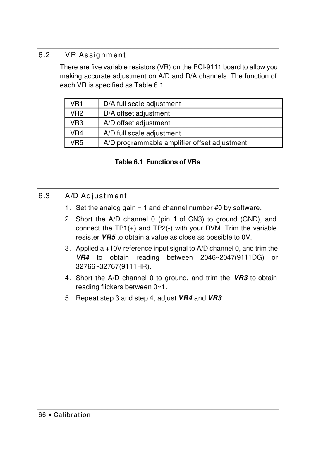 HP NuDAQ I-9111DG/HR manual VR Assignment, A/D Adjustment, Functions of VRs 