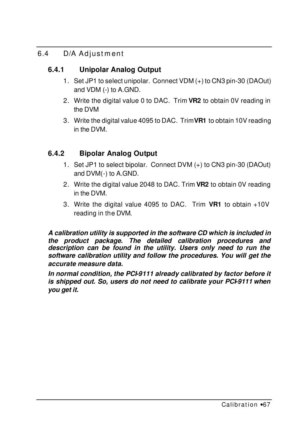 HP NuDAQ I-9111DG/HR manual D/A Adjustment Unipolar Analog Output, Bipolar Analog Output 