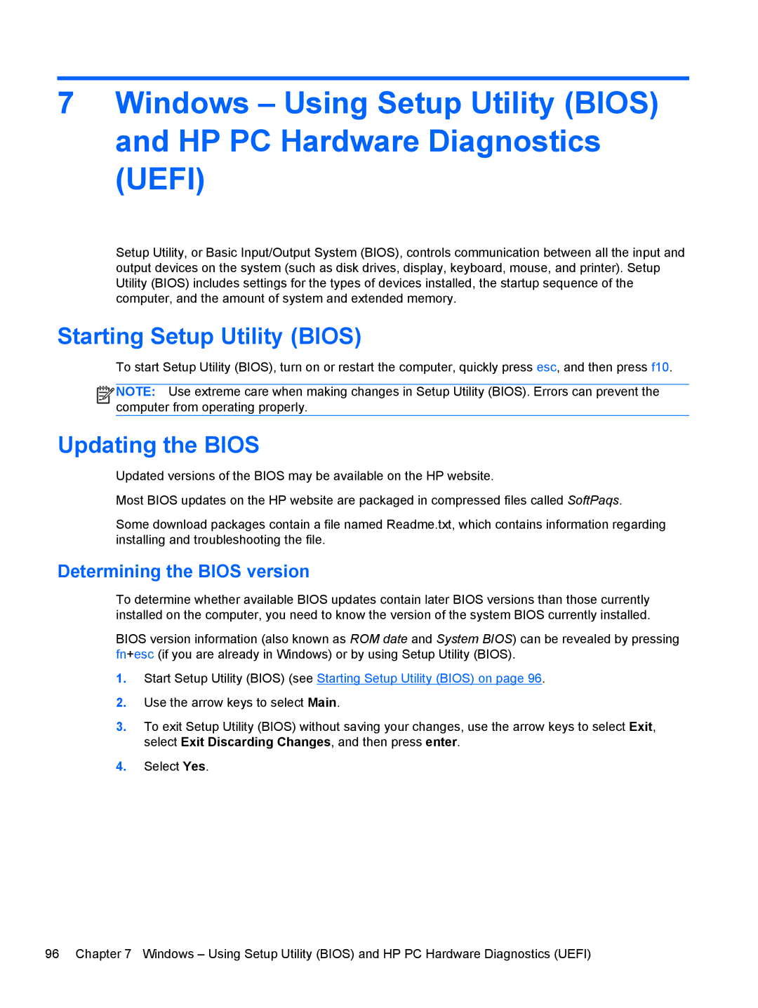 HP NV15J185NR manual Starting Setup Utility Bios, Updating the Bios, Determining the Bios version 