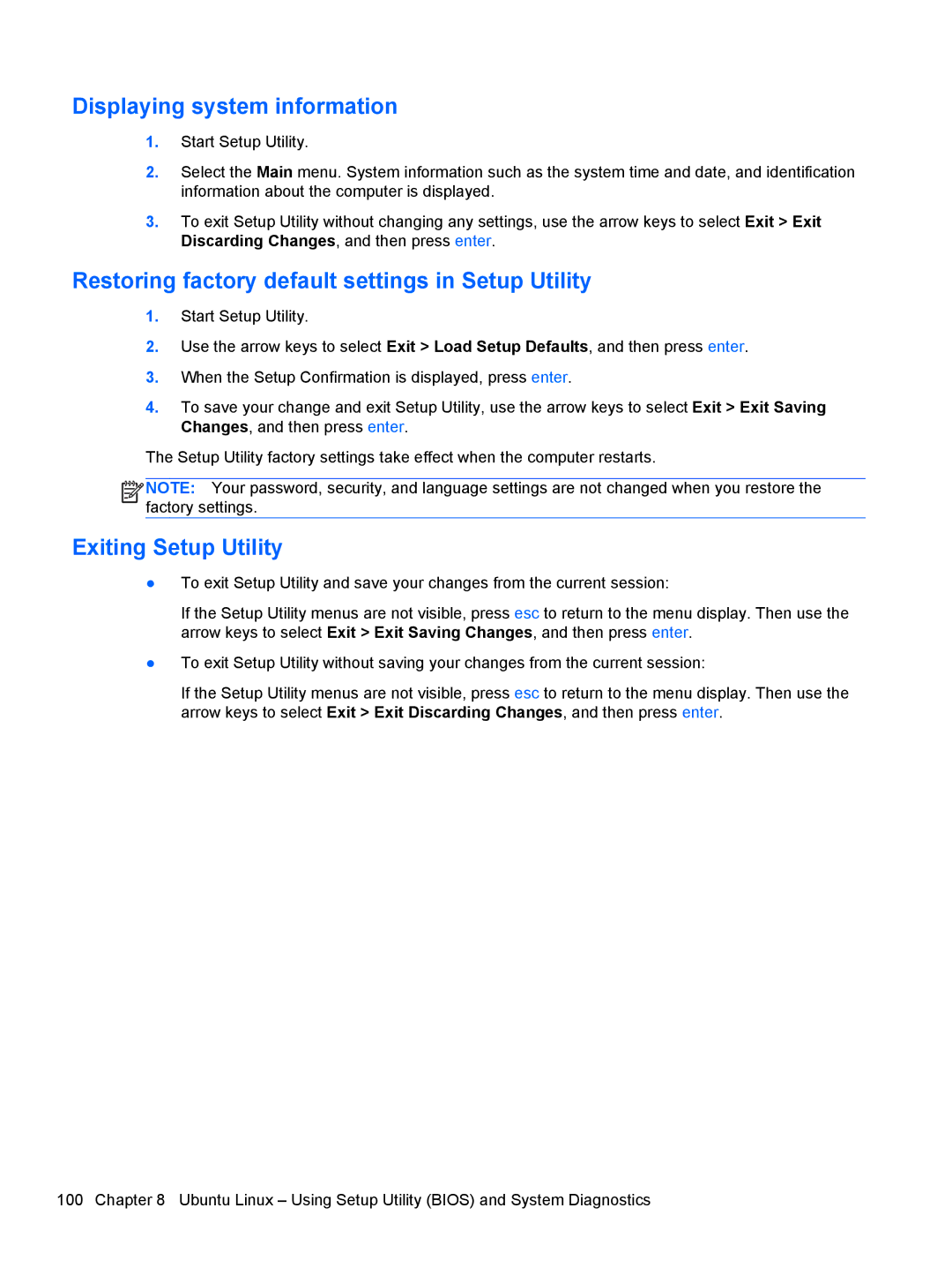 HP NV15J185NR Displaying system information, Restoring factory default settings in Setup Utility, Exiting Setup Utility 