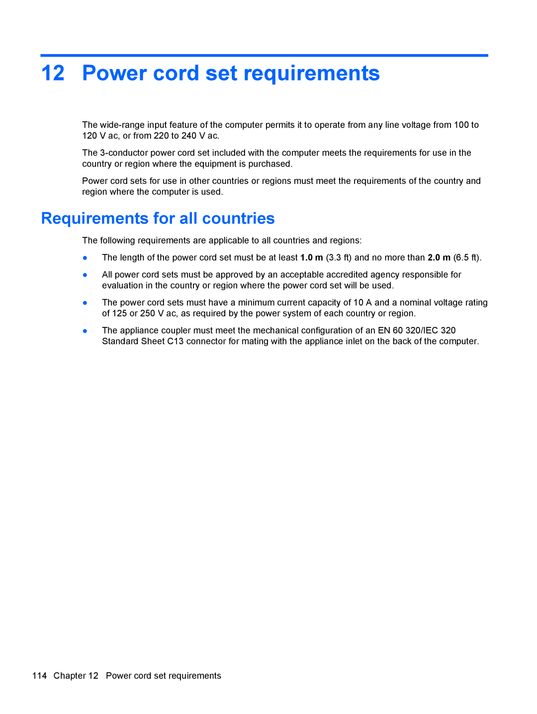 HP NV15J185NR manual Power cord set requirements, Requirements for all countries 