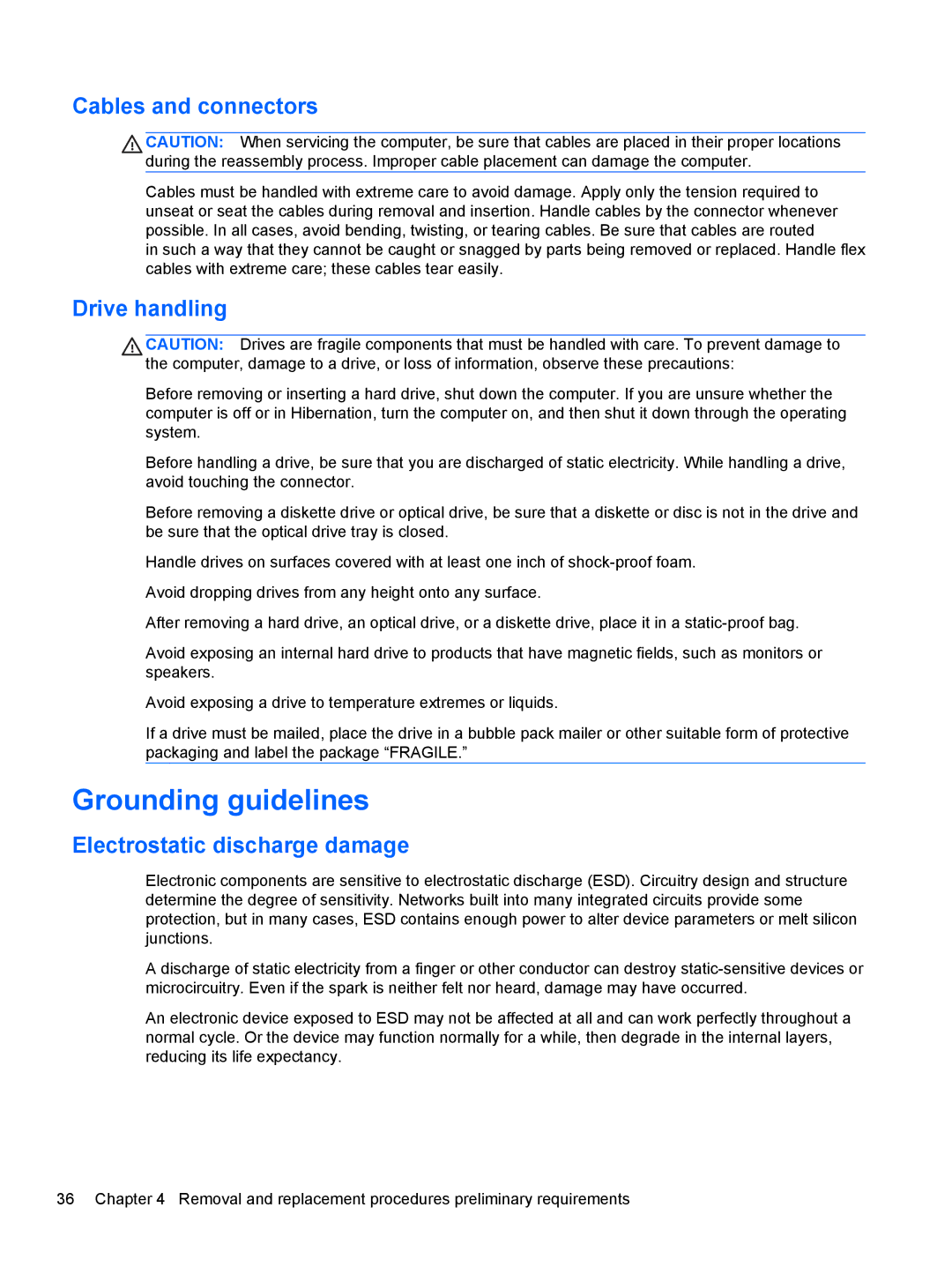 HP NV15J185NR manual Grounding guidelines, Cables and connectors, Drive handling, Electrostatic discharge damage 