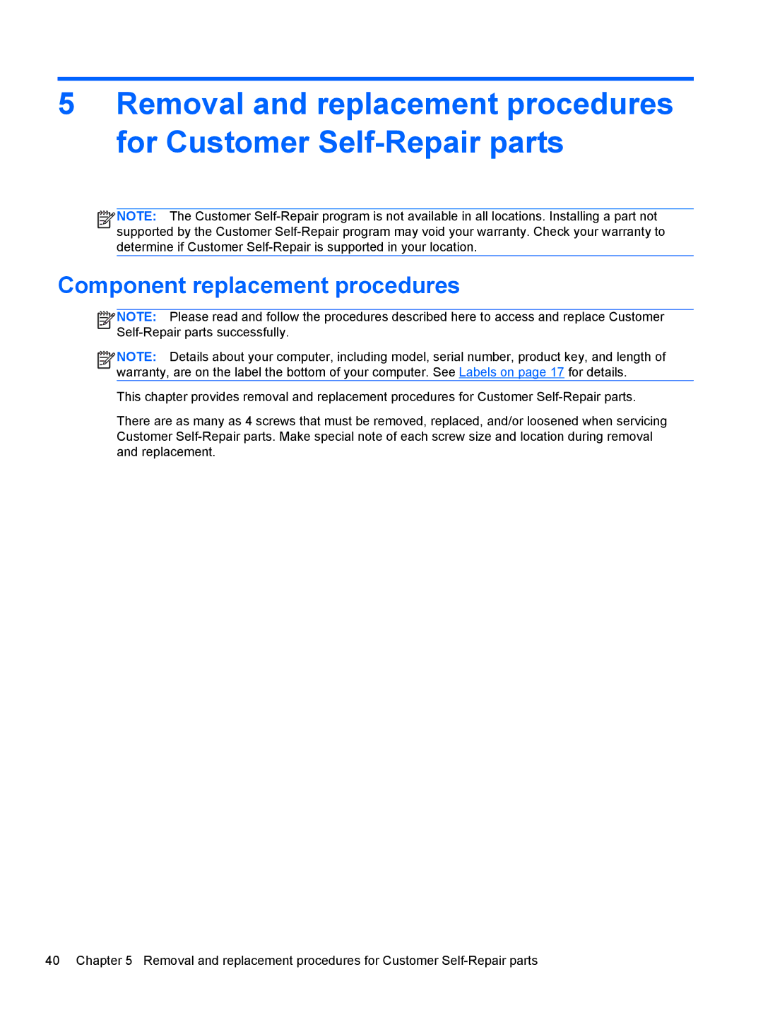 HP NV15J185NR manual Component replacement procedures 