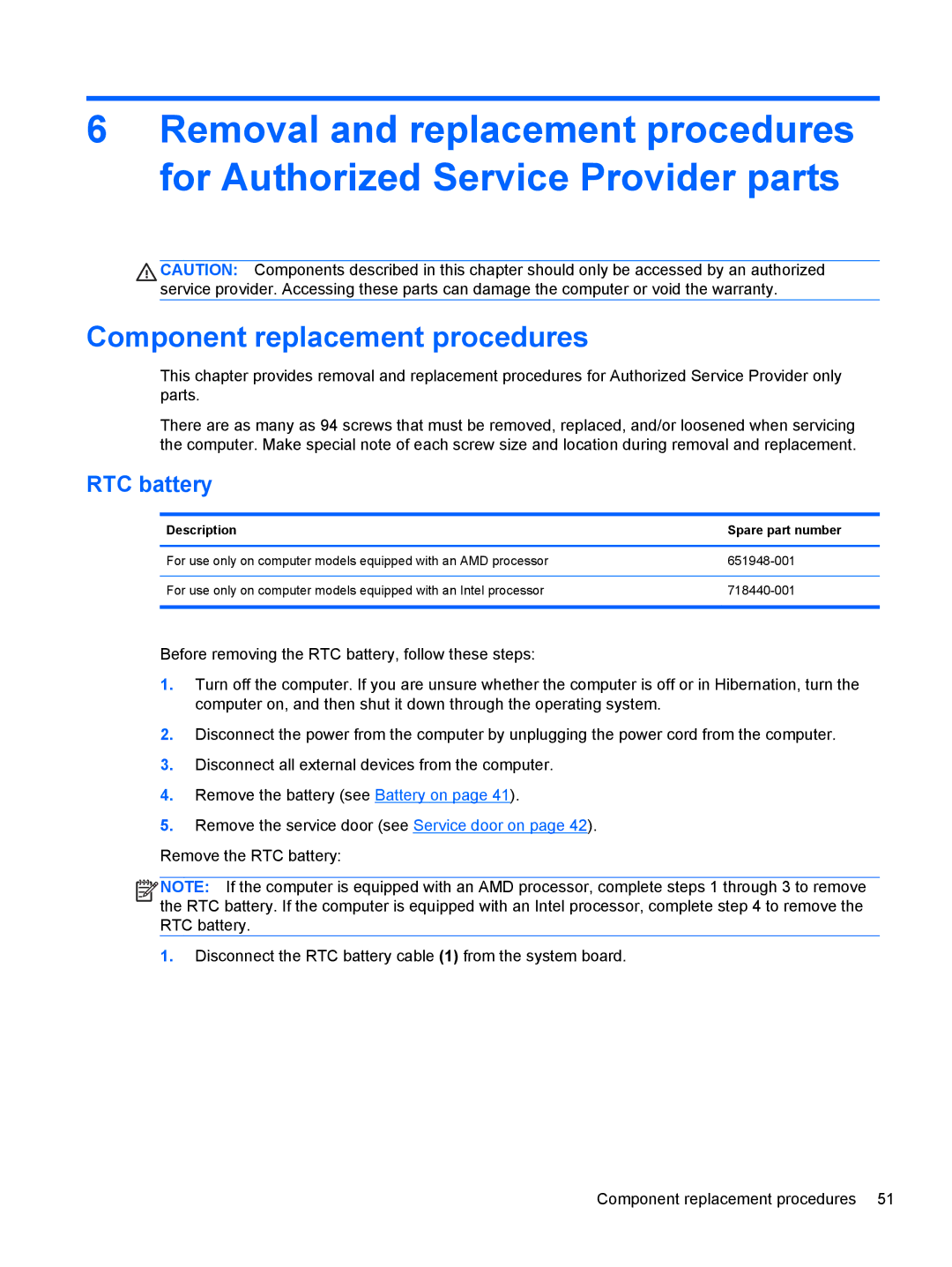 HP NV15J185NR manual Component replacement procedures, RTC battery 