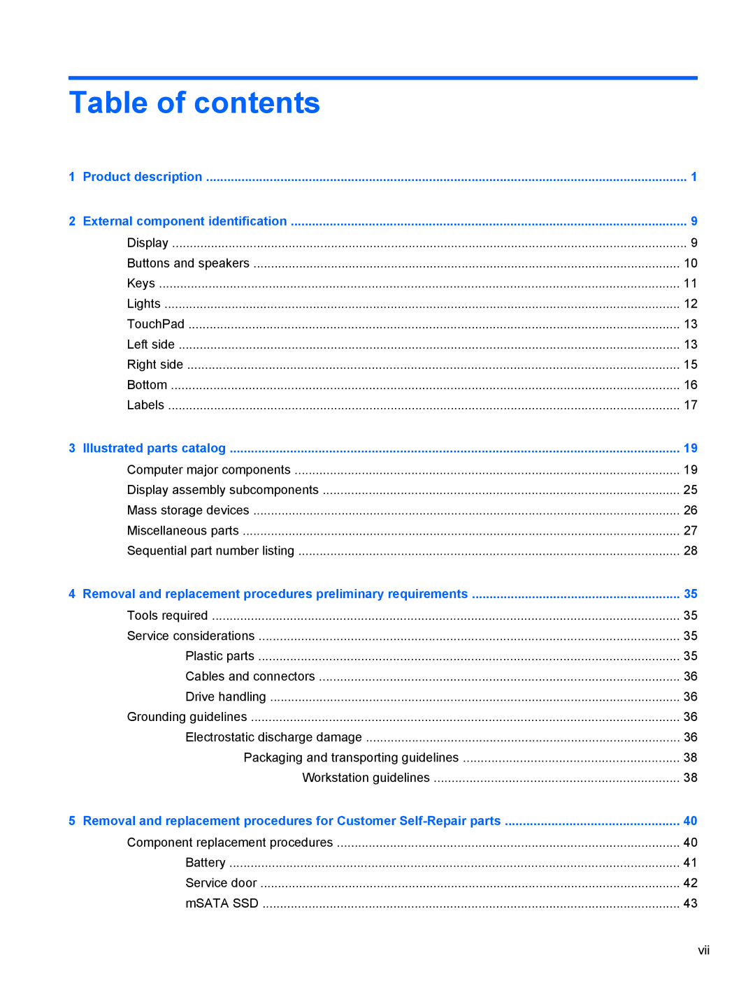 HP NV15J185NR manual Table of contents 