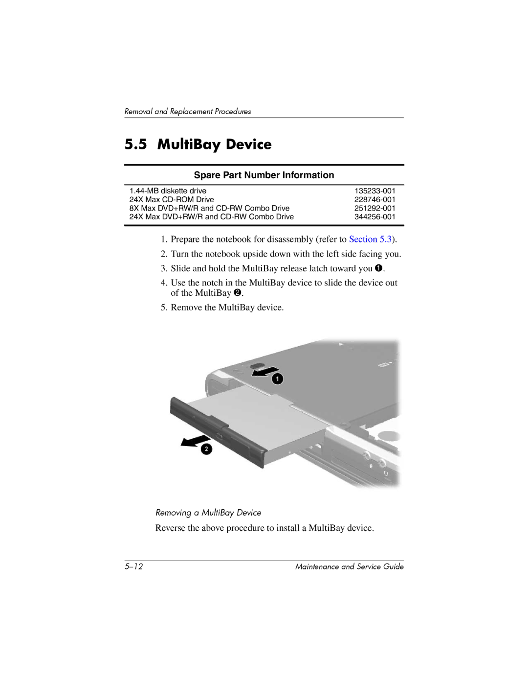 HP nw8000 manual MultiBay Device, Spare Part Number Information 