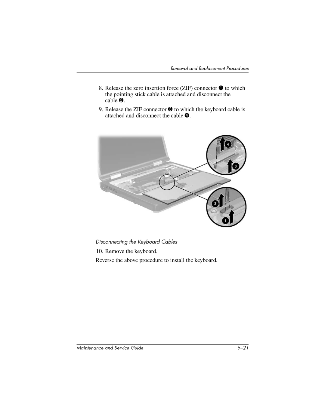 HP nw8000 manual Disconnecting the Keyboard Cables 