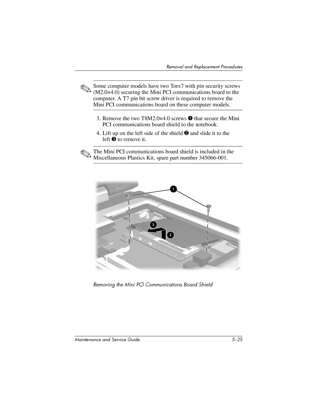 HP nw8000 manual Removing the Mini PCI Communications Board Shield 