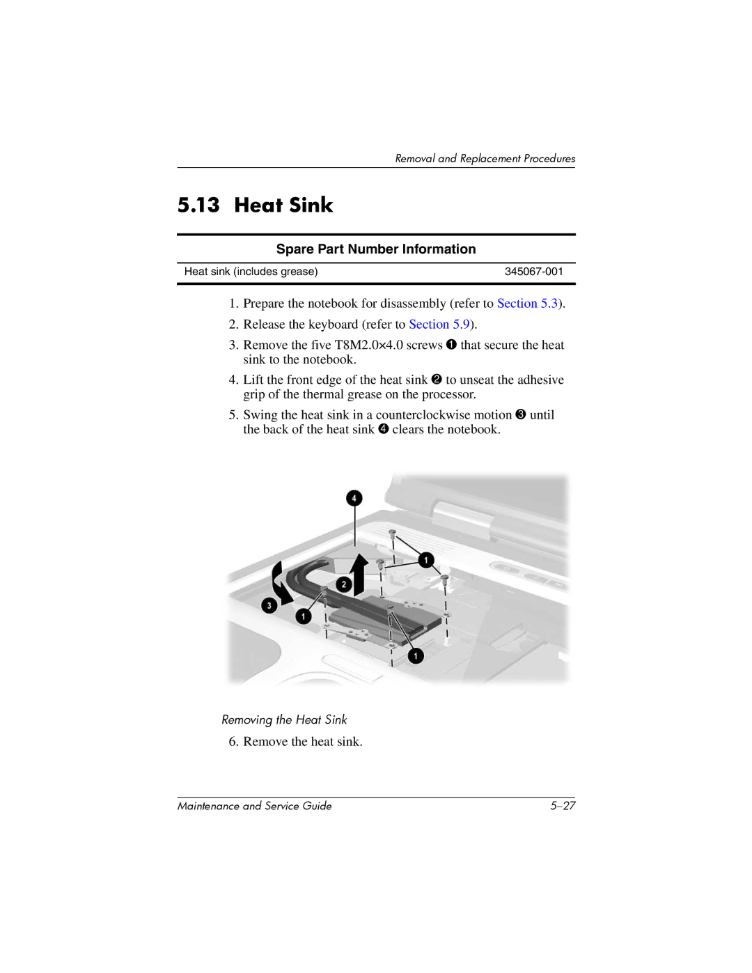 HP nw8000 manual Heat Sink, Spare Part Number Information 