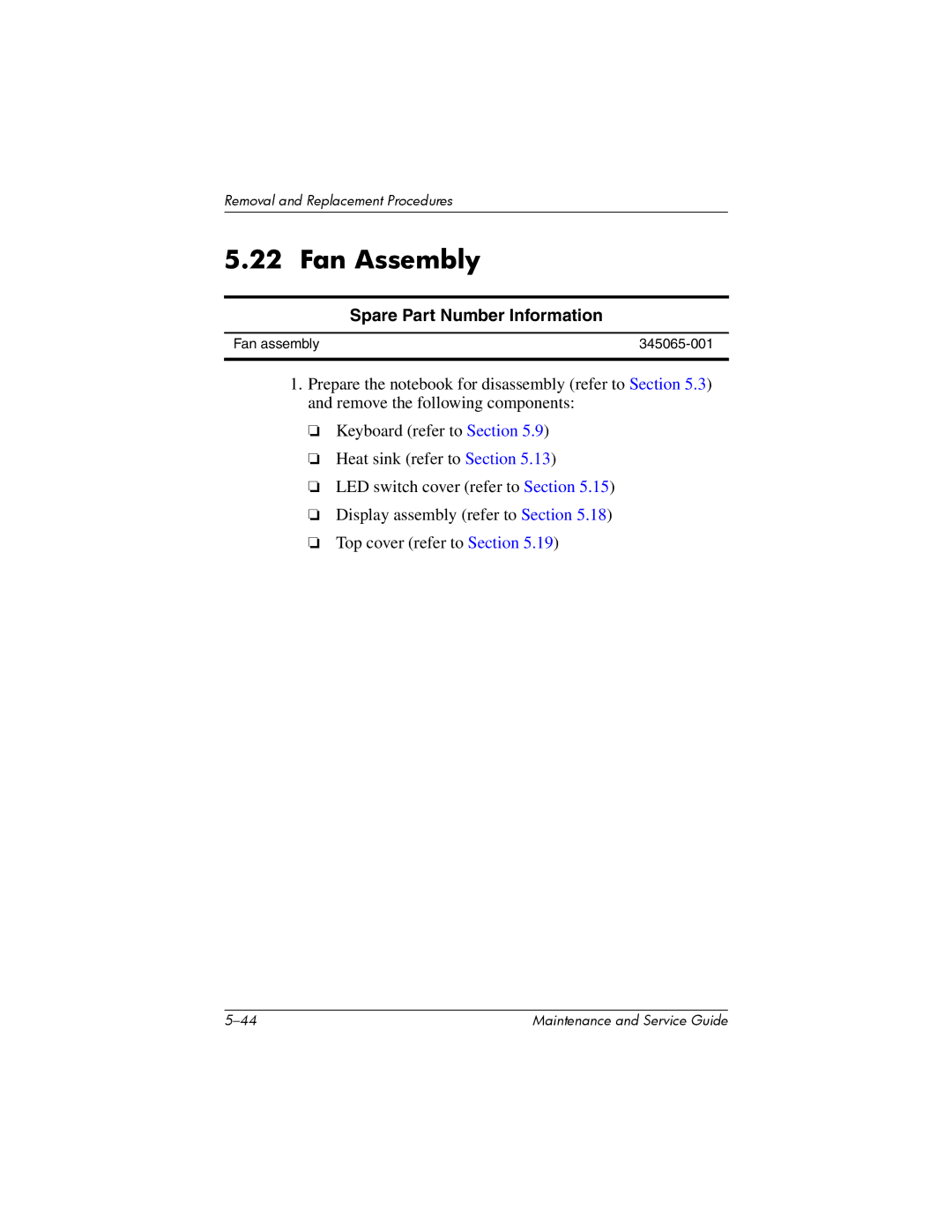 HP nw8000 manual Fan Assembly, Spare Part Number Information 