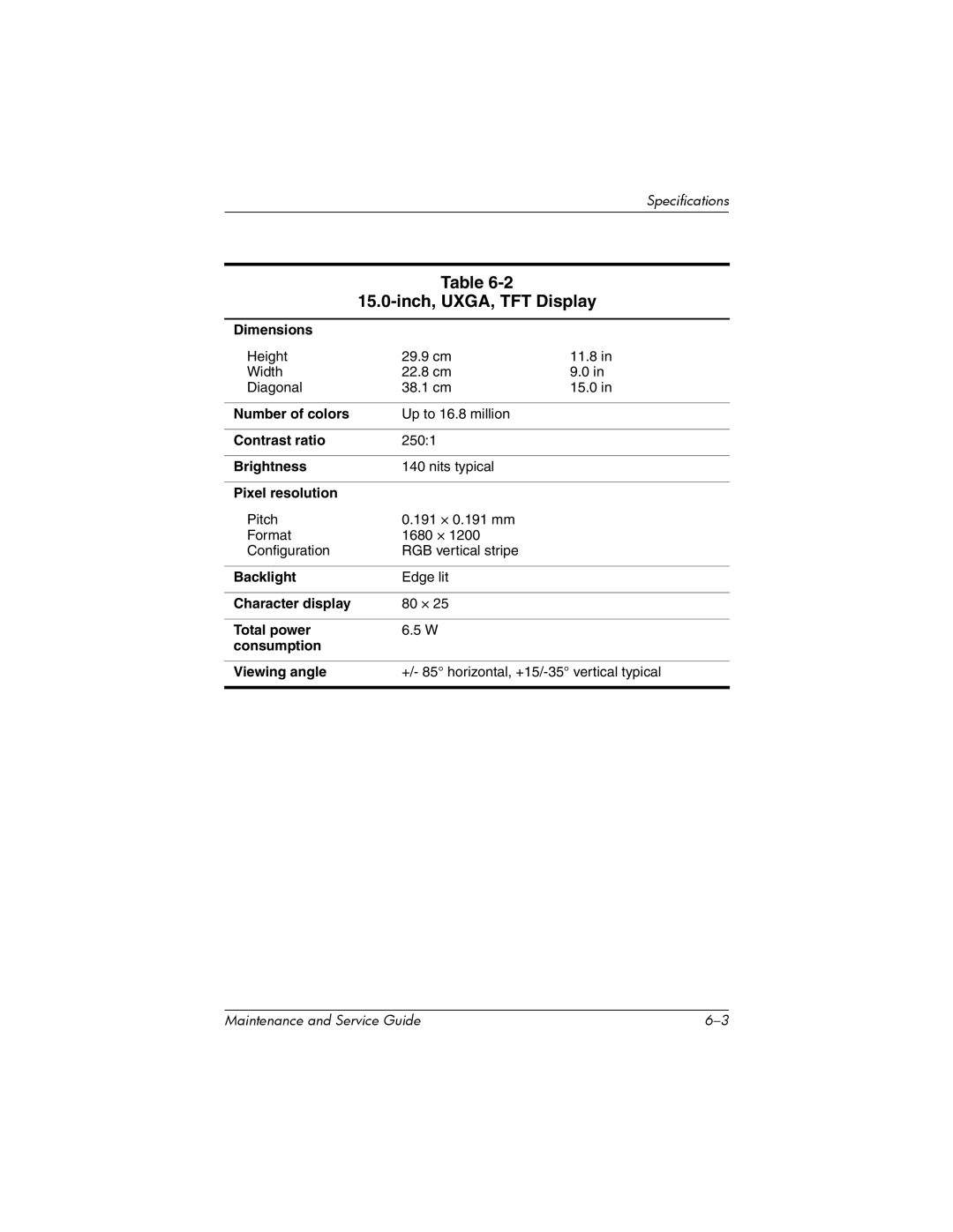 HP nw8000 manual Inch, UXGA, TFT Display 