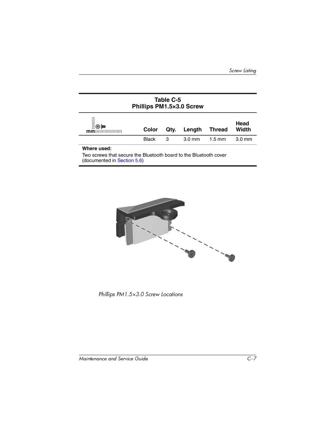 HP nw8000 manual Table C-5 Phillips PM1.5×3.0 Screw, Head 