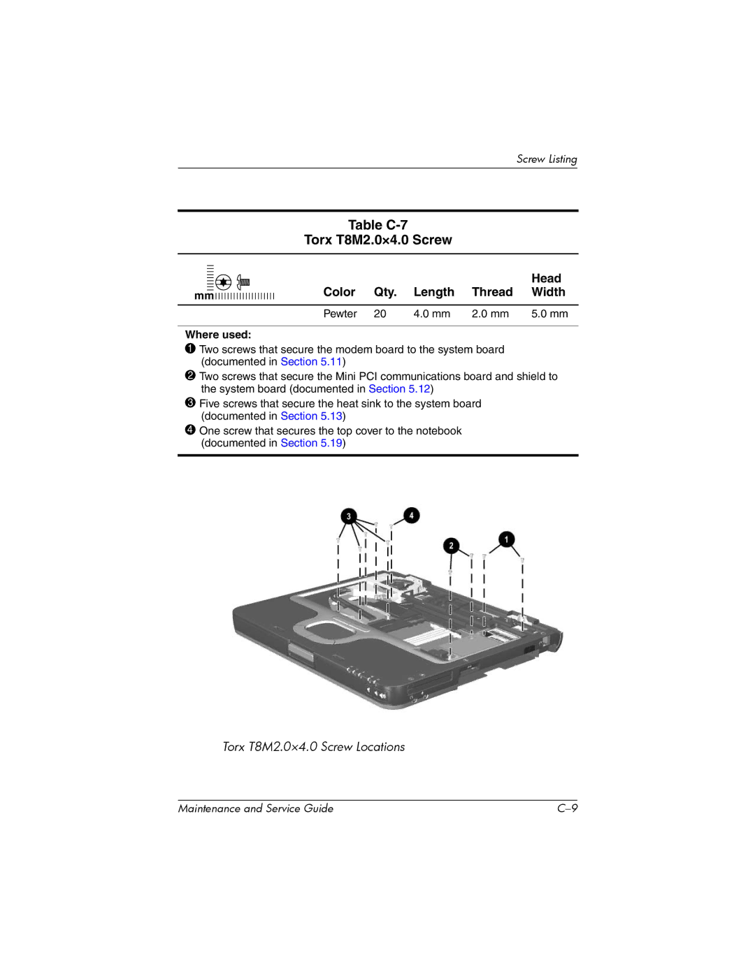 HP nw8000 manual Table C-7 Torx T8M2.0×4.0 Screw, Pewter Where used 