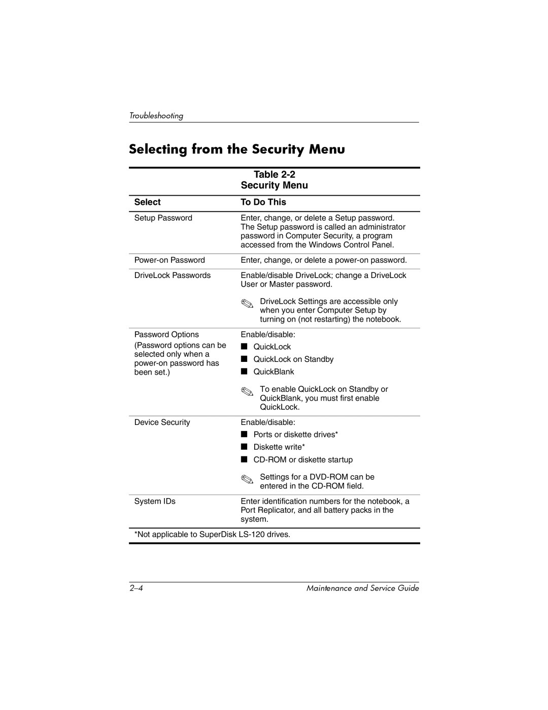 HP nw8000 manual Selecting from the Security Menu 