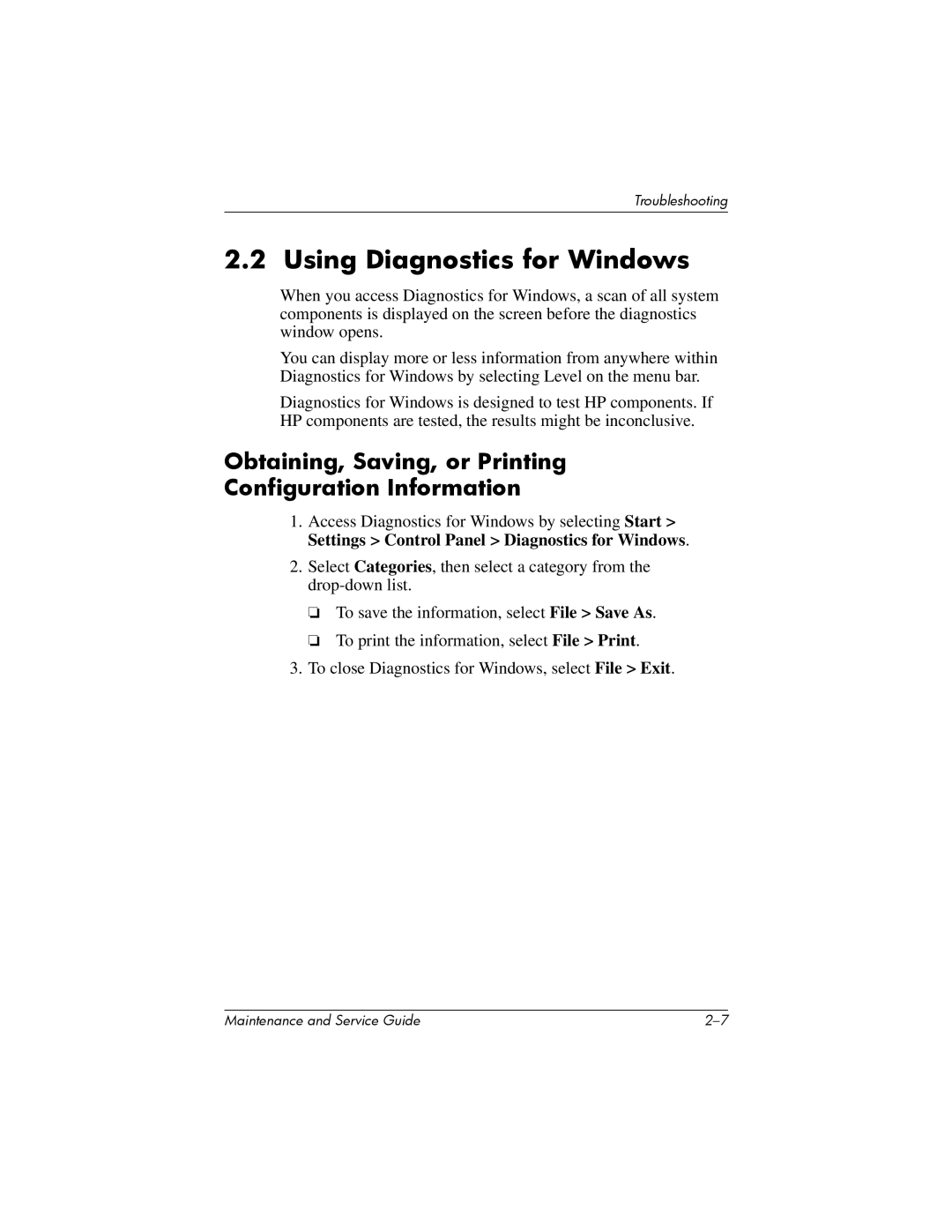 HP nw8000 manual Using Diagnostics for Windows, Obtaining, Saving, or Printing Configuration Information 