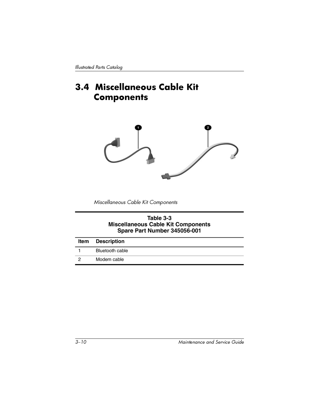 HP nw8000 manual Miscellaneous Cable Kit Components Spare Part Number 