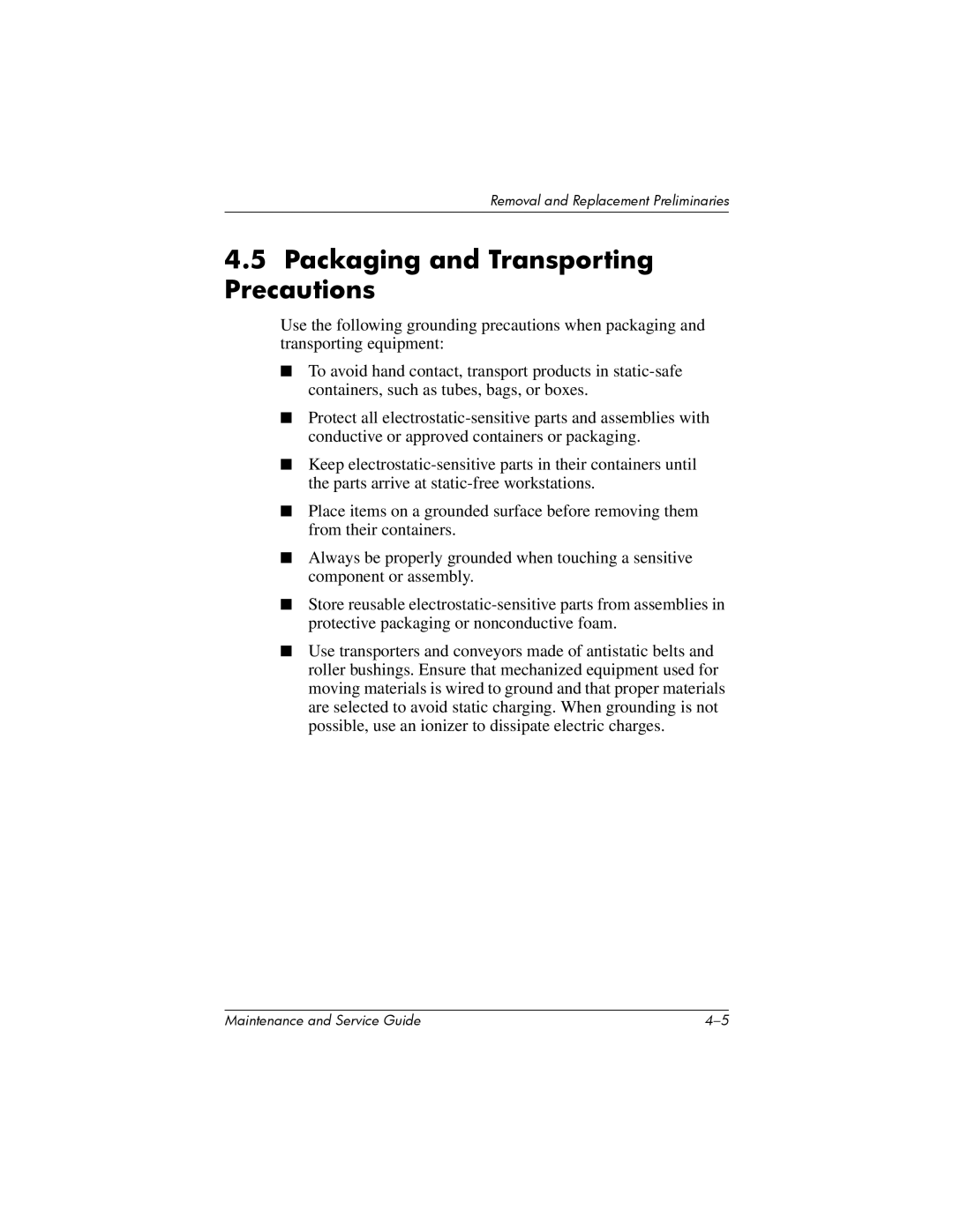 HP nw8000 manual Packaging and Transporting Precautions 