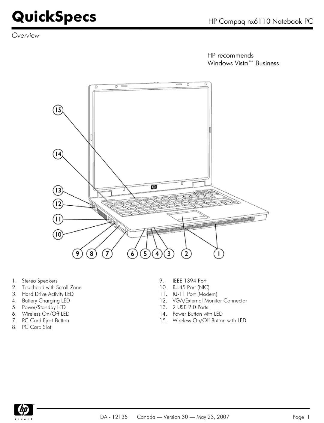 HP NX6110 manual Overview, PC Card Slot DA 12135 Canada Version 30 May 23 