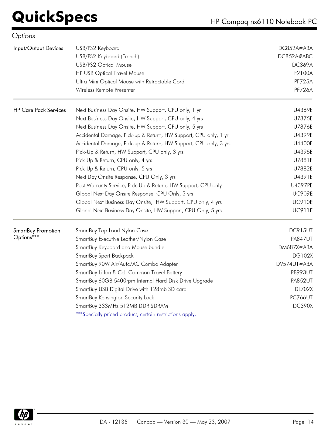 HP NX6110 manual Input/Output Devices, HP Care Pack Services 