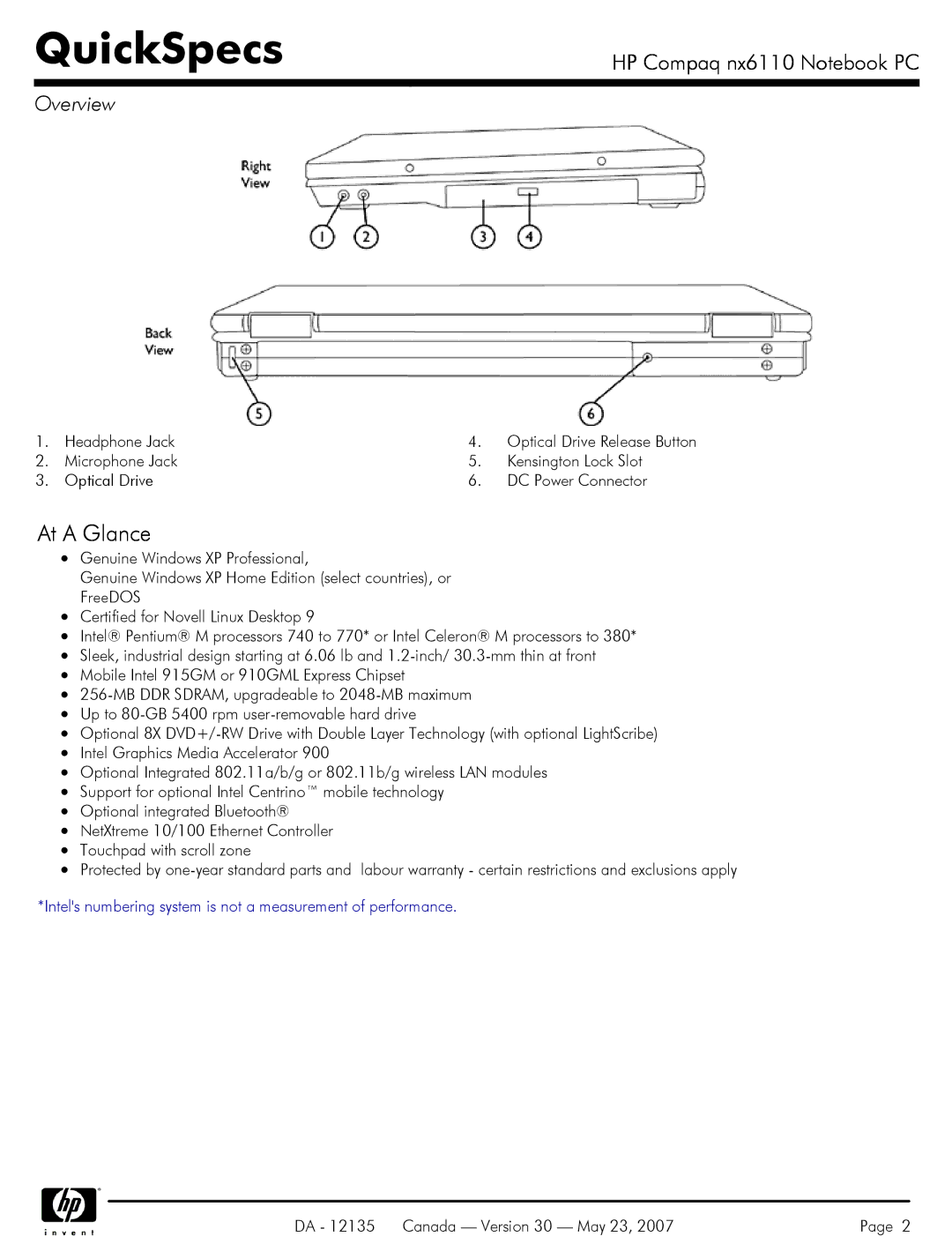 HP NX6110 manual At a Glance, Headphone Jack 