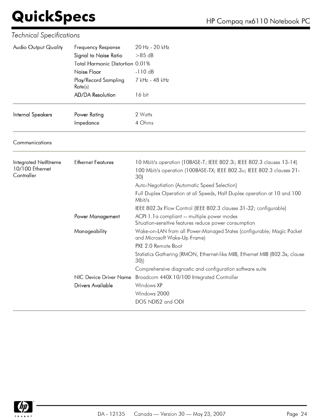 HP NX6110 Audio Output Quality Frequency Response, Signal to Noise Ratio, Total Harmonic Distortion 0.01%, Noise Floor 