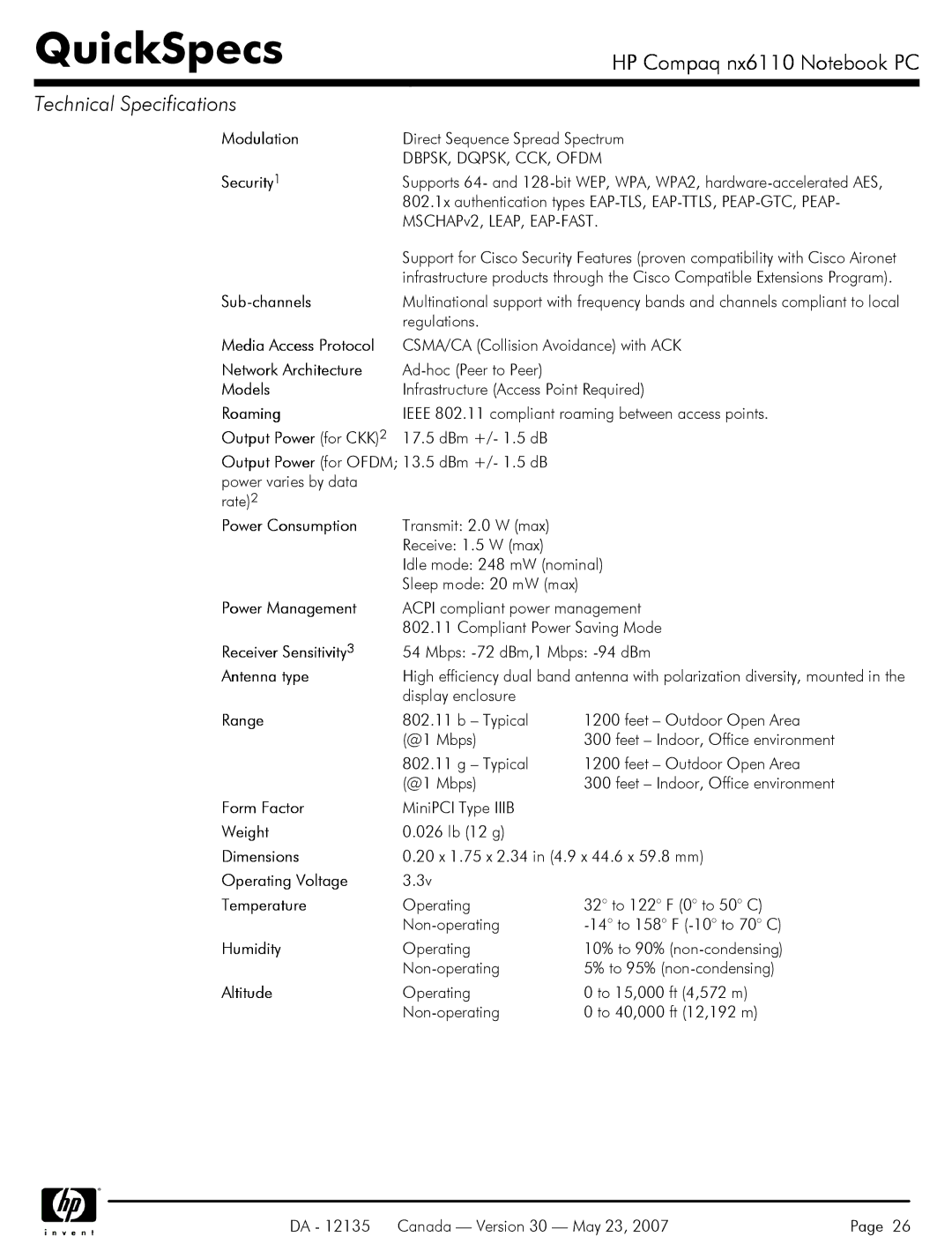 HP NX6110 Modulation, Sub-channels, Media Access Protocol, Network Architecture, Models, Roaming, Power Consumption, Range 